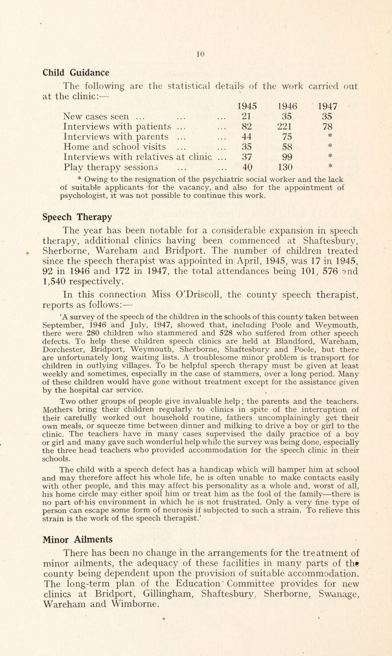 Child Guidance The following are the statistical details of the work carried out at the clinic — 1945 1946 1947 New cases seen ... 21 35 35 Interviews with patients ... 82 221 78 Interviews with parents ... 44 75 * Home and school visits 35 58 * Interviews with relatives at clinic ... 37 99 * Play therapy sessions 40 130 * * Owing to the resignation of the psychiatric social worker and the lack of suitable applicants 'for the vacancy, and also for the appointment of psychologist, it was not possible to continue this work. Speech Therapy The year has been notable for a considerable expansion in speech therapy, additional clinics having been commenced at Shaftesbury, Sherborne, Wareham and Bridport. The number of children treated since the speech therapist was appointed in April, 1945, was 17 in 1945, 92 in 1946 and 172 in 1947, the total attendances being 101, 576 gnd 1,540 respectively. In this connection Miss O’Driscoll, the county speech therapist, reports as follows:— ‘A survey of the speech of the children in the schools of this county taken between September, 1946 and July, 1947, showed that, including Poole and Weymouth, there were 280 children who stammered and 528 who suffered from other speech defects. To help these children speech clinics are held at Blandford, Wareham, Dorchester, Bridport, Weymouth, Sherborne, Shaftesbury and Poole, but there are unfortunately long waiting lists. A troublesome minor problem is transport for children in outlying villages. To be helpful speech therapy must be given at least weekly and sometimes, especially in the case of stammers, over a long period. Many of these children would have gone without treatment except for the assistance given by the hospital car service. Two other groups of people give invaluable help; the parents and the teachers. Mothers bring their children regularly to clinics in spite of the interruption of their carefully worked out household routine, fathers uncomplainingly get their own meals,, or squeeze time between dinner and milking to drive a boy or girl to the clinic. The teachers have in many cases supervised the daily practice of a boy or girl and many gave such wonderful help while the survey was being done, especially the three head teachers who provided accommodation for the speech clinic in their schools. The child with a speech defect has a handicap which will hamper him at school and may therefore affect his whole life, he is often unable to make contacts easily with other people, and this may affect his personality as a whole and, worst of all, his home circle may either spoil him or treat him as the fool of the family—there is no part of'his environment in which he is not frustrated. Only a very fine type of person can escape some form of neurosis if subjected to such a strain. To relieve this strain is the work of the speech therapist.’ Minor Ailments There has been no change in the arrangements for the treatment of minor ailments, the adequacy of these facilities in many parts of th« county being dependent upon the provision of suitable accommodation. The long-term plan of the Education' Committee provides for new clinics at Bridport, Gillingham, Shaftesbury, Sherborne, Swanage, Wareham and Wimborne.