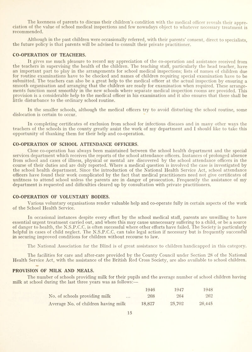 The keenness of parents to discuss their children’s condition with the medical officer reveals their appre- ciation of the value of school medical inspections and few nowadays object to whatever necessary treatment is recommended. Although in the past children were occasionally referred, with their parents’ consent, direct to specialists, the future policy is that parents will be advised to consult their private practitioner. CO-OPERATION OF TEACHERS. It gives me much pleasure to record my appreciation of the co-operation and assistance received from the teachers in supervising the health of the children. The teaching staff, particularly the head teacher, have an important part to play in the arrangements for school medical inspections; lists of names of children due for routine examinations have to be checked and names of children requiring special examination have to be submitted. The teachers can also be a great help to the medical officer at the actual inspection by ensuring a smooth organisation and arranging that the children are ready for examination when required. These arrange- ments function most smoothly in the new schools where separate medical inspection rooms are provided. This provision is a considerable help to the medical officer in his examination and it also ensures that there shall be little disturbance to the ordinary school routine. In the smaller schools, although the medical officers try to avoid disturbing the school routine, some dislocation is certain to occur. In completing certificates of exclusion from school for infectious diseases and in many other ways the teachers of the schools in the county greatly assist the work of my department and I should like to take this opportunity of thanking them for their help and co-operation. CO-OPERATION OF SCHOOL ATTENDANCE OFFICERS. Close co-operation has always been maintained between the school health department and the special services department which receives the reports of the school attendance officers. Instances of prolonged absence from school and cases of illness, physical or mental are discovered by the school attendance officers in the course of their duties and are duly reported. Where a medical question is involved the case is investigated by the school health department. Since the introduction of the National Health Service Act, school attendance officers have found their work complicated by the fact that medical practitioners need not give certificates of unfitness to attend school unless the parents are in danger of prosecution. Frequently the assistance of my department is requested and difficulties cleared up by consultation with private practitioners. CO-OPERATION OF VOLUNTARY BODIES. Various voluntary organisations render valuable help and co-operate fully in certain aspects of the work of the School Health Service. In occasional instances despite every effort by the school medical staff, parents are unwilling to have essential urgent treatment carried out, and where this may cause unnecessary suffering to a child, or be a source of danger to health, the N.S.P.C.C. is often successful where other efforts have failed. The Society is particularly helpful in cases of child neglect. The N.S.P.C.C. can take legal action if necessary but is frequently successful in securing improved conditions for children without recourse to law. The National Association for the Blind is of great assistance to children handicapped in this category. The facilities for care and after-care provided by the County Council under Section 28 of the National Health Service Act, with the assistance of the British Red Cross Society, are also available to school children. PROVISION OF MILK AND MEALS. The number of schools providing milk for their pupils and the average number of school children having milk at school during the last three years was as follows:— 1946 1947 1948 No. of schools providing milk ... 268 264 262 Average No. of children having milk 18,827 25,702 26,445