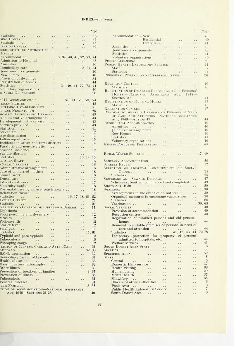 Statistics SING Homes Statistics JPATION Centre icERS OF Other Authorities People: Accommodation Admission to Hospital Amenities Domiciliary care Joint user arrangements New homes Provision of dwellings Registration of homes Statistics Voluntary oi'ganisations rHALMiA Neonatorum Page 46 45 45 39 6 3, 34, 40, 41, 72, 73, 74 35 40 3, 27, 34 40 40 34 44 34, 40, 41, 72, 73, 74 40 26 : HI Accommodation .. 34, 41, 72, 73, 74 riALLY Sighted .. . . . . . . 42 EURisiNG Establishments . . . . . . 51 PHiGUS Neonatorum .. . . . . 26 5ICALLY Handicapped Persons . . .. 43 Administrative arrangements . . . . . . 43 Development of the service . . . . . . 43 Services provided . . . . .. . . 43 Statistics . . . . . . .. ,. 43 OMYELITIS . . . . .. . . . . 12 Age distribution . . . . . . . . 14 Follow-up of cases . . . . . . . . 15 Incidence in urban and rural districts . . . . 14 Paralytic and non-paialytic . . . . . . 14 Seasonal incidence . . . . . . . . 12 Sex distribution . . . . . . . . 14 Statistics .. .. .. .. 13, 14, 15 ,E Area Staff .. .. . . . . 6 -Natal Services . . . . . . . . 16 Administrative arrangements . . . . . . 16 Sare of unmarried mothers .. . . . . 18 Slinical work .. . . . . .. 16 Dental care . . .. .. . . 17 Educational work . . . . . . . . 17 Maternity outfits . . . . . . .. 18 Post-natal care by general practitioners . . . . 18 Relaxation classes .. .. ., .. 17 Statistics .. .. .. 16,17,18,61,62 iature Infants . . .. . . . . 21 Statistics . . . . .. . . . . 21 ’alence and Control of Infectious Disease .. II Diphtheria . . .. . . . . II Food poisoning and dysentery .. . . 12 Measles . . . . . . .. . . 12 Poliomyelitis .. .. .. . . 12 Scarlet fever .. .. .. .. 12 Smallpox .. .. .. . . , . 11 Statistics .. .. .. . . 11,61 Pyphoid and para-typhoid .. . . .. 12 Fuberculosis .. . . . . .. 15 i\Tiooping cough .. . . .. . . 12 rENTioN of Illness, Care and After-Care .. 31 !^fter-care . . .. .. . . 32, 33 B.C.G. vaccination . . . . .. .. 32 Domiciliary care of old people .. . . 34 Health education . . . . .. . . 36 Mass miniature radiography .. . . .. 32 Dther illness .. .. .. .. 33 Prevention of break-up of families .. 3, 35 Prevention of illness .. .. . . .. 35 Fuberculosis .. .. .. .. 31 Venereal diseases .. .. .. .. 34 iLEM Families .. .. .. 3, 35 TSION OF ACCOMMODATION—NATIONAL ASSISTANCE Act, 1948—Sections 21-28 .. .. 40 Page Accommodation—New . . . . . . 40 Residential . . .. 40 Temporary .. .. .. 41 Amenities . . • . . .. .. .. 40 Joint user arrangements . . . . . . 40 Statistics .. . . .. . . .. 41 Voluntary organisations . . . . . . 40 Public Cleansing . . . . . . .. 50 Public Health Laboratory Service . . . . 44 Staff . . . . . . .. .. 7 Statistics . . . . . . ;. . . 44 Puerperal Pyrexia and Puerperal Fever .. 26 Reception Centres . . . . . . .. 40 Statistics . . .. .. .. .. 40 Registration of Disabled Persons and Old Persons’ Homes — National Assistance Act, 1948—■ Section 37 . . . . . . . . 44 Registration of Nursing Homes . . .. 45 Statistics . . . . . . . . . . 45 Relaxation Classes .. .. .. .. 17 Removal to Suitable Premises of Persons in Need of Care and Attention—National Assistance Act, 1948—Section 47 .. .. .. 44 Residential Accommodation . . . . . . 40 Amenities . . . . .... . . 40 Joint user arrangements . . . . . . 40 New Homes . . .. . . .. 40 Statistics .. . . .. . . . . 41 Voluntary organisations . . . . . . 40 Rivers Pollution Prevention . . . . . . 49 Rural Water Supplies . . . . .. 47, 49 Sanitary Accommod.ation .. .. .. 50 Scarlet Fever .. .. .. .. 12 Selection of Hospital Confinements on Social Grounds .. . . .. .. 25 Statistics . . .. . . . . .. 25 Sewerage and Sewage Disposal . . .. 47 Schemes submitted, commenced and completed .. 49 Shops Act, 1950 .. .. .. .. 50 Smallpox .. .. .. . . 11, 30 .Arrangements in the event of an outbreak . . 30 Organised measures to encourage vaccination . . 30 Statistics .. . . . . . . . . 68 Vaccination .. .. .. . . 30, 68 Social Services .. .. .. .. 40 Provision of accommodation . . . . . . 40 Reception centres . . . . . . .. 40 Registration of disabled persons and old persons’ homes .. .. .. . • 44 Removal to suitable premises of persons in need of care and attention .. . . . . 44 Statistics . . . . . . 41, 42, 43, 44, 72-78 Temporary protection for property of persons admitted to hospitals, etc. .. .. 44 Welfare services .. .. . . .. 41 South Dorset Area Staff .. .. .. 6 Spastics .. .. .. .. •. 44 Specified Areas .. .. .. • • 52 Staff .. .. .. • • • • 5 Central .. .. .. • • • • 5 Domestic Help service .. .. • • 37 Health visiting .. .. .. • • 66 Home nursing .. .. • • • • 29 Mental health .. .. .. • • 37 Midwifery . . .. .. • • • • 65 Officers of other authorities .. .. .. 6 Poole Area .. .. .. . • • • 6 Public Health Ibaboratory Service .. .. 7 South Dorset Area .. .. .. . • 6