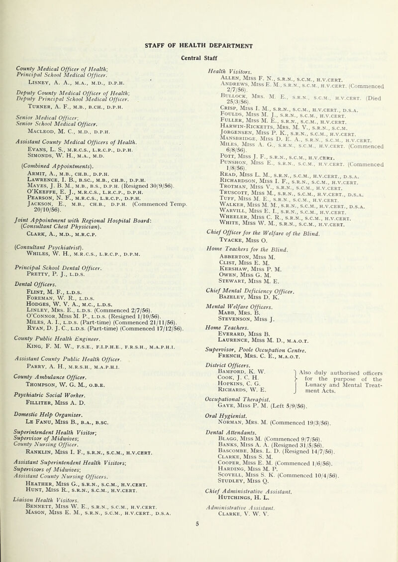STAFF OF HEALTH DEPARTMENT Central Staff County Medical Officer of Health', Principal School Medical Officer. LiSNEY, a. a., M.A., M.D., D.P.H. Deputy County Medical Officer of Health', Deputy Principal School Medical Officer. Turner, A. F., m.b., b.ch., d.p.h. Senior Medical Officer', Senior School Medical Officer. MaCLEOD, M. C., M.D., D.P.H. Assistant County Medical Officers of Health. Evans, L. S., m.r.c.s., l.r.c.p., d.p.h. SiMONDS, W. H., M.A., M.D. [Combined Appointments). ArMIT, a., M.B., CH.B., D.P.H. Lawrence, I. B., b.sc., m.b., ch.b., d.p.h. Mayes, J. B. M., m.b., b.s., d.p.h. (Resigned 30/9/56). O’Keeffe, E. J., m.r.c.s., l.r.c.p., d.p.h. Pearson, N. F., m.r.c.s., l.r.c.p., d.p.h. Jackson, E., m.b., ch.b., d.p.h. (Commenced Temp. 20/10/56). Joint Appointment 'with Regional Hospital Board'. [Consultant Chest Physician). Clark, A., m.d., m.r.c.p. [Consultant Psychiatrist). Whiles, W. H., m.r.c.s., l.r.c.p., d.p.m. Principal School Dental Officer. Pretty, P. J., l.d.s. Dental Officers. Flint, M. F., l.d.s. Foreman, W. R., l.d.s. Hodges, W. V. A., m.c., l.d.s. Linley, Mrs. E., l.d.s. (Commenced 2/7/56). O’Connor, Miss M. P., l.d.s. (Resigned 1/10/56). Miles, A. I., l.d.s. (Part-time) (Commenced 21/11/56). Ryan, D. J. C., l.d.s. (Part-time) (Commenced 17/12/56). County Public Health Engineer. King, F. M. W., f.s.e., f.i.p.h.e., f.r.s.h., m.a.p.h.i. Assistant County Public Health Officer. Parry, A. H., m.r.s.h., m.a.p.h.i. County Ambulance Officer. Thompson, W. G. M., o.b.e. Psychiatric Social Worker. Filliter, Miss A. D. Domestic Help Organiser. Le Fanu, Miss B., b.a., b.sc. Superintendent Health Visitor', Supervisor of Midwives', County Nursing Officer. Ranklin, Miss I. F., s.r.n., s.c.m., h.v.cert. Assistant Superintendent Health Visitors', Supervisors of Midwives', Assistant County Nursing Officers. Heather, Miss G., s.r.n., s.c.m., h.v.cert. Hunt, Miss R., s.r.n., s.c.m., h.v.cert. Liaison Health Visitors. Bennett, Miss W. E., s.r.n., s.c.m., h.v.cert. Health Visitors. Allen, Miss F. N., s.r.n., s.c.m., h.v.cert. E. M., s.r.n., s.c.m., h.v.cert. (Commenced //d6). S.R.N., S.C.M., h.v.cert. (Died ^5/J/56). Crisp, Miss I. M., s.r.n., s.c.m., h.v.cert., d.s.a. Foulds, Miss M. J., s.r.n., s.c.m., h.v.cert. Fuller, Miss M. E., s.r.n., s.c.m., h.v.cert. Harwin-Ricketts, Mrs. M. V., s.r.n., s.c.m. Jorgensen, Miss P. K., s.r.n., s.c.m., h.v.cert. AIansbridge, AIiss D. E. A., s.r.n., s.c.m., h.v.cert. S R N., S.C.M., h.v.cert. (Commenced d/o/dd) . Pott, Miss J. F., s.r.n., s.c.m., h.v.cert. S.C.M., h.v.cert. (Commenced 1/o/5d) . Read, Miss L. M., s.r.n., s.c.m., h.v.cert., d.s.a. Richardson, Miss I. F., s.r.n., s.c.m., h.v.cert. Trotman, AIiss V., S.R.N., s.c.m., h.v.cert. Truscott, Miss M., s.r.n., s.c.m., h.v.cert., d.s.,a. Tuff, Miss M. E., s.r.n., s.c.m., h.v.cert. Walker, Miss M. M., s.r.n., s.c.m., h.v.cert., d.s.a. Warvill, Miss E. I., s.r.n., s.c.m., h.v.cert. Wheeler, Miss C. R., s.r.n., s.c.m., h.v.cert. White, Miss W. M., s.r.n., s.c.m., h.v.cert. Chief Officer for the Welfare of the Blind. Tyacke, Miss O. Home Teachers for the Blind. Abberton, Miss M. Clist, Miss E. M. Kershaw, Miss P. M. Owen, Miss G. M. Stewart, AIiss M. E. Chief Mental Deficiency Officer. Bazeley, Miss D. K. Mental Welfare Officers. Mabb, Mrs. B. Stevenson, Afiss J. Home Teachers. Everard, Miss B. Laurence, Miss M. D., m.a.o.t. Supervisor, Poole Occupation Centre. French, Mrs. C. E., m.a.o.t. District Officers. Bamford, K. W. Cook, J. C. H. Hopkins, C. G. Richards, W. E. 1 Also duly authorised officers ^ for the purpose of the I Lunacy and Mental Treat- J ment Acts. Occupational Therapist. Gave, Miss P. M. (Left 5/9/56). Oral Hygienist. Norman, Mrs. M. (Commenced 19/3/56). Dental Attendants. Blagg, Miss M. (Commenced 9/7/56), Banks, Miss A. A. (Resigned 31/5/56). Bascombe, Mrs. L. D. (Resigned 14/7/56). Clarke, Miss S. M. Cooper, Miss E. M. (Commenced 1/6/56). Harding, Miss M. P. ScovELL, Miss S. K. (Commenced 10/4/56). Studley, Miss Q. Chief Administrative Assistant. Hutchings, H. L. 5 .4 dministrative A ssistanl.