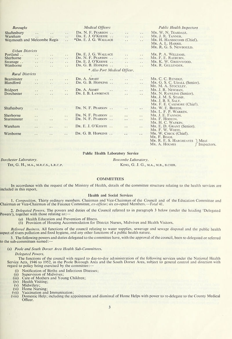 Boroughs Medical Officers Public Health Inspectors Shaftesbury Dr. N. F. Pearson .. Mr. W. N. Teasdale. Wareham Dr. E. J. O’Keeffe .. Mr. j. R. Tanner. Weymouth and Melcombe Regis Urban Districts *Dr. E. j. G. Wallace Mr. H. Handscomb (Chief). Mr. a. L. Harris. Mr. R. G. S. Newbould. Portland .. Dr. E. j. G. Wallace Mr. P. a. Williams. Sherborne Dr. N. F. Pearson .. Mr. F. E. Raeburn. Swanage .. Dr. E. j. O’Keeffe .. Mr. K. W. Greenwood. Wimborne Dr. G. B. Hopkins .. * Also Port Medical Officer. Mr. R. Gellender. Rural Districts Beaminster Dr. a. Armit Mr. C. C. Rundle. Blandford Dr. G. B. Hopkins .. Mr. G. S. C. Udall (Senior). Mr. M. a. Stockley. Bridport Dr. a. Armit Mr. j. R. Newman. Dorchester Dr. I. B. Lawrence Mr. N. Rawlins (Senior). Mr. j. M. S. Stamp. Mr. j. B. S. Salt. Mr. F. E. Casemore (Chief). Shaftesbury Dr. N. F. Pearson .. Mr. W. E. Breeds. Mr. L. F. P. Warren. Sherborne Dr. N. F. Pearson .. Mr. j. E. Fannon. Sturminster Dr. N. F. Pearson .. Mr. F. Hodson. Mr. H. C. Watkin. Wareham Dr. E. j. O’Keeffe .. Mr. E. D. Grant (Senior). Mr. E. W. White. Wimborne Dr. G. B. Hopkins .. Mr. W. Chick (Chief). Mr. F. Boam. Mr. R. E. S. Hargreaves \Meat Mr. a. Holmes / Inspectors. Dorchester Laboratory. Tee, G. H., m.a., m.r.c.s., l.r.c.p. Public Health Laboratory Service Boscombe Laboratory. King, G. J. G., m.a., m.b., b.chir. COMMITTEES In accordance with the request of the Ministry of Health, details of the committee structure relating to the health services are included in this report. Health and Social Services 1. Composition. Thirty ordinary members. Chairman and Vice-Chairman of the Council and of the Education Committee and Chairman or Vice-Chairman of the Finance Committee, ex-officio', six co-opted Members.—Total 41. 2. Delegated Powers. The powers and duties of the Council referred to in paragraph 3 below (under the heading ‘Delegated Powers’), together with those relating to:— (a) Health Education and Prevention of Illness. (b) Provision of Housing Accommodation for District Nurses, Midwives and Health Visitors. Referred Business. All functions of the council relating to water supplies, sewerage and sewage disposal and the public health aspect of rivers pollution and food hygiene, and any other functions of a public health nature. 3. The following powers and duties delegated to the committee have, with the approval of the council, been re-delegated or referred to the sub-committees named:— (a) Poole and South Dorset Area Health Sub-Committees. Delegated Powers. The functions of the council with regard to day-to-day administration of the following services under the National Health Service Acts, 1946 to 1952, in the Poole Borough Area and the South Dorset Area, subject to general control and direction with regard to policy being exercised by the committee:— (i) Notification of Births and Infectious Diseases; (ii) Supervision of Midwives; (iii) Care of Mothers and Young Children; (iv) Health Visiting; (v) Midwifery; (vi) Home Nursing; (vii) Vaccination and Immunisation; (viii) Domestic Help; including the appointment and dismissal of Home Helps with power to re-delegate to the County Medical Officer.