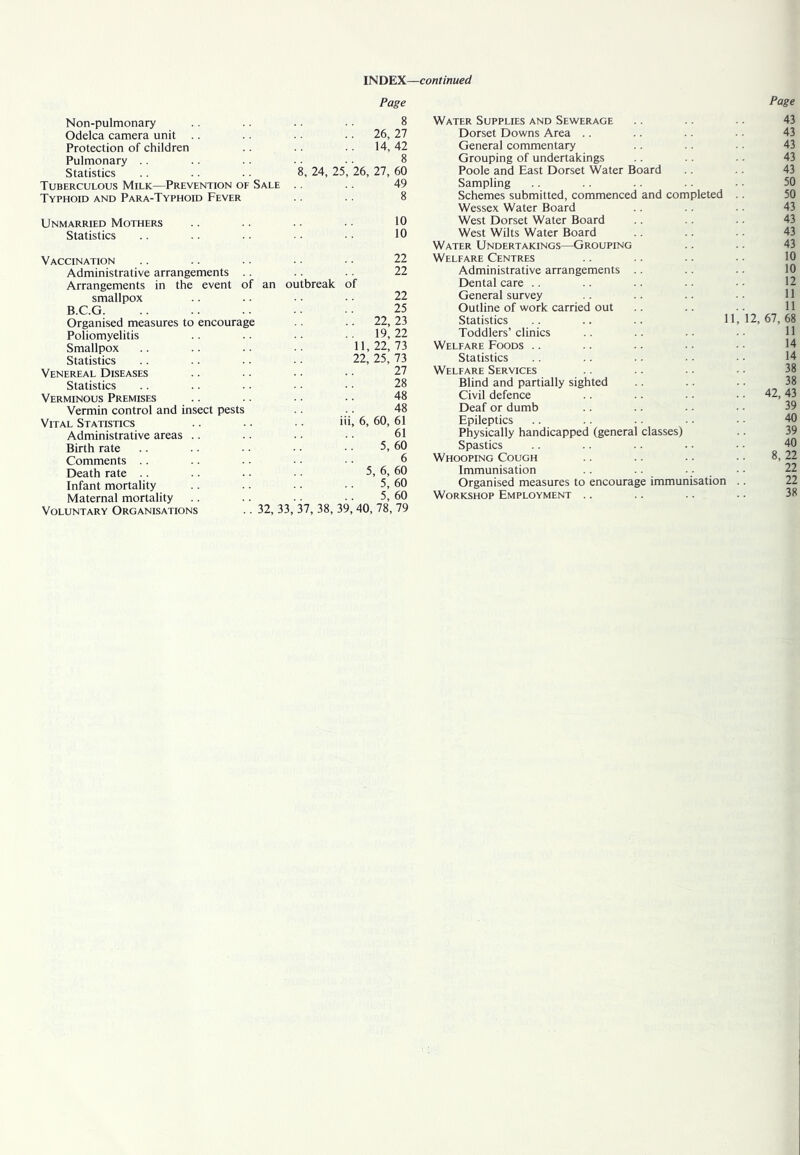 Page Page Non-pulmonary Odelca camera unit .. Protection of children Pulmonary .. Statistics Tuberculous Milk—Prevention of Sale Typhoid and Para-Typhoid Fever , 24, 25 26, 14, 26, 27, 8 27 42 8 60 49 8 Unmarried Mothers Statistics 10 10 Vaccination .. .. .. • • • • 22 Administrative arrangements .. .. .. 22 Arrangements in the event of an outbreak of smallpox .. •. • • 22 B.C.G. .. .. .. .. 25 Organised measures to encourage .. 22, 23 Poliomyelitis .. .. 19, 22 Smallpox .. .. .. 11,22,73 Statistics .. .. .. • • 22, 25, 73 Venereal Diseases .. .. •. • • 27 Statistics .. .. ■ • • • • • 28 Verminous Premises .. .. •. • ■ 48 Vermin control and insect pests .. . . 48 Vital Statistics .. •. ■ • i'i, 6, 60, 61 Administrative areas .. .. .. • • 61 Birth rate .. .. • • ■ • 5, 60 Comments .. .. • • ■ • 6 Death rate .. .. .. • • 5, 6, 60 Infant mortality .. • • 5, 60 Maternal mortality .. .. ■ • • • 5, 60 Voluntary Organisations .. 32, 33, 37, 38, 39, 40, 78, 79 Water Supplies and Sewerage 43 Dorset Downs Area .. .. .. 43 General commentary 43 Grouping of undertakings .. .. 43 Poole and East Dorset Water Board .. 43 Sampling .. .. ■ • 50 Schemes submitted, commenced and completed .. 50 Wessex Water Board .. .. 43 West Dorset Water Board .. .. 43 West Wilts Water Board .. .. .. 43 Water Undertakings—Grouping .. 43 Welfare Centres .. . - 10 Administrative arrangements .. .. .. 10 Dental care .. .. .. • ■ • ■ 12 General survey .. .. .. ■ ■ 11 Outline of work carried out .. .. .. 11 Statistics .. .. .. 11,12,67,68 Toddlers’clinics .. .. H Welfare Foods .. .. - • • • 14 Statistics .. • • 14 Welfare Services .. • • • ■ 38 Blind and partially sighted .. • • 38 Civil defence .. .. ■ • .. 42, 43 Deaf or dumb .. .. .. ■ • 39 Epileptics .. .. . ■ • • • • 40 Physically handicapped (general classes) .. 39 Spastics .. .. .. • ■ 40 Whooping Cough .. .. ■ • 8, 22 Immunisation .. .. •• 22 Organised measures to encourage immunisation .. 22 Workshop Employment .. .. .. • • 38