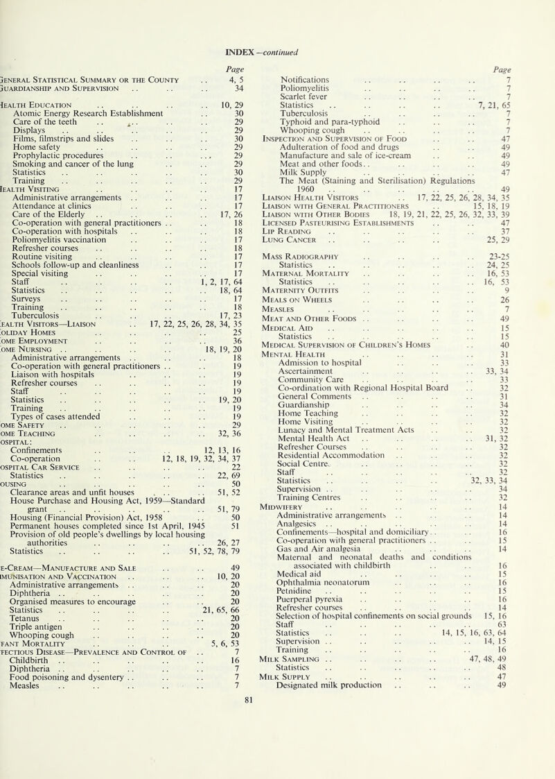 Page jeneral Statistical Summary or the County 4, 5 juardianship and Supervision 34 Iealth Education .. 10, 29 Atomic Energy Research Establishment 30 Care of the teeth .. t.. 29 Displays 29 Films, filmstrips and slides 30 Home safety 29 Prophylactic procedures 29 Smoking and cancer of the lung 29 Statistics 30 Training 29 rEALTH Visiting 17 Administrative arrangements 17 Attendance at clinics 17 Care of the Elderly . . 17, 26 Co-operation with general practitioners .. 18 Co-operation with hospitals 18 Poliomyelitis vaccination 17 Refresher courses 18 Routine visiting 17 Schools follow-up and cleanliness 17 Special visiting 17 Staff 1, 2, 17, 64 Statistics .. 18,64 Surveys 17 Training 18 Tuberculosis 17, 23 ealth Visitors—Liaison .. 17, 22, 25, 26, 28, 34, 35 oliday Homes 25 ome Employment 36 ome Nursing 18, 19, 20 Administrative arrangements 18 Co-operation with general practitioners .. 19 Liaison with hospitals 19 Refresher courses 19 Staff 19 Statistics .. 19, 20 Training 19 Types of cases attended 19 ome Safety 29 ome Teaching .. 32, 36 ospital: Confinements 12, 13, 16 Co-operation . . 12, 18, 19, 32, 34, 37 ospital Car Service 22 Statistics .. 22, 69 OUSING 50 Clearance areas and unfit houses . .. 51,52 House Purchase and Housing Act, 1959—Standard grant .. 51,79 Housing (Financial Provision) Act, 1958 50 Permanent houses completed since 1st April, 1945 51 Provision of old people’s dwellings by local housing authorities .. 26, 27 Statistics 51, 52, 78, 79 e-Cream—Manufacture and Sale 49 imunisation and Vaccination 10, 20 Administrative arrangements 20 Diphtheria 20 Organised measures to encourage 20 Statistics 21, 65, 66 Tetanus 20 Triple antigen 20 Whooping cough 20 tant Mortality 5, 6, 53 fectious Disease—Prevalence and Control of 7 Childbirth 16 Diphtheria 7 Food poisoning and dysentery 7 Measles 7 Page Notifications Poliomyelitis Scarlet fever Statistics .. .. .. .. 7, 21, 65 Tuberculosis Typhoid and para-typhoid Whooping cough Inspection and Supervision of Food .. .. 47 Adulteration of food and drugs .. .. 49 Manufacture and sale of ice-cream .. .. 49 Meat and other foods.. .. .. .. 49 Milk Supply .. . . .. .. 47 The Meat (Staining and Sterilisation) Regulations 1960 .. .. .. .. 49 Liaison Health Visitors .. 17, 22, 25, 26, 28, 34, 35 Liaison with General Practitioners .. 15, 18, 19 Liaison with Other Bodies 18, 19, 21, 22, 25, 26, 32, 33, 39 Licensed Pasteurising Establishments Lip Reading Lung Cancer 47 37 25, 29 Mass Radiography .. .. .. .. 23-25 Statistics .. .. .. .. 24, 25 Maternal Mortality .. .. .. .. 16, 53 Statistics .. .. .. .. 16, 53 Maternity Outfits .. .. .. .. 9 Meals on Wheels .. .. .. .. 26 Measles Meat and Other Foods .. .. .. .. 49 Medical Aid .. .. .. .. 15 Statistics .. .. .. 15 Medical Supervision of Children’s Homes .. 40 Mental Health .. .. .. .. 31 Admission to hospital .. .. .. 33 Ascertainment .. .. .. .. 33,34 Community Care .. .. .. 33 Co-ordination with Regional Hospital Board .. 32 General Comments .. .. .. .. 31 Guardianship .. .. .. .. 34 Home Teaching .. .. .. .. 32 Home Visiting .. .. .. 32 Lunacy and Mental Treatment Acts .. .. 32 Mental Health Act .. .. 31, 32 Refresher Courses .. .. .. 32 Residential Accommodation .. .. .. 32 Social Centre. .. .. 32 Staff . . .. .. 32 Statistics .. 32, 33, 34 Supervision . . .. 34 Training Centres . . . . .. 32 Midwifery .. .. .. .. 14 Administrative arrangements . . 14 Analgesics .. .. .. .. .. 14 Confinements—hospital and domiciliary.. .. 16 Co-operation with general practitioners .. .. 15 Gas and Air analgesia .. .. .. 14 Maternal and neonatal deaths and conditions associated with childbirth . . 16 Medical aid .. .. . . .. 15 Ophthalmia neonatorum .. .. 16 Petnidine .. .. .. .. 15 Puerperal pyrexia . . .. .. .. 16 Refresher courses .. .. 14 Selection of hospital confinements on social grounds 15,16 Staff .. .. .. .. .. 63 Statistics .. .. .. 14, 15, 16, 63, 64 Supervision .. .. .. .. ..14,15 Training .. .. .. 16 Milk Sampling .. .. .. .. 47, 48, 49 Statistics .. .. .. .. .. 48 Milk Supply .. .. .. .. 47 Designated milk production .. .. .. 49