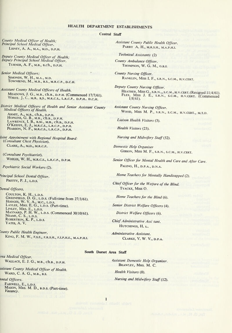 HEALTH DEPARTMENT ESTABLISHMENTS Central Staff County Medical Officer of Health; Principal School Medical Officer. LlSNEY, A. A., M.A., M.D., D.P.H. Deputy County Medical Officer of Health; Deputy Principal School Medical Officer. Turner, A. F., m.b., B.ch., d.p.h. Senior Medical Officers; SlMONDS, W. H., M.A., M.D. Townsend, M., m.b., b.s., m.r.c.p., d.c.h. Assistant County Medical Officers of Health. Meadows, J. G., m.b., ch.B., d.p.h. (Commenced 17/7/61). White, J. C., m.b., b,s., m.r.c.s., l.r.c.p., d.p.h., d.c.h. District Medical Officers of Health and Senior Assistant County Medical Officers of Health. Armit, A., m.b., ch.B., d.p.h. Hopkins, G. B., m.b., ch.B., d.p.h. Lawrence, I. B., b.sc., m.b., ch.B., d.p.h. O’Keeffe, E. J., m.r.c.s., l.r.c.p., d.p.h. Pearson, N. F., m.r.c.s., l.r.c.p., d.p.h. Joint Appointment with Regional Hospital Board: (Consultant Chest Physician). Clark, A., m.d., m.r.c.p. ('Consultant Psychiatrist). Whiles, W. H., m.r.c.s., l.r.c.p., d.p.m. Psychiatric Social Workers (2). Principal School Dental Officer. Pretty, P. J., l.d.s. Dental Officers. COULTON, K. H., L.D.S. Greenfield, D. G., l.d.s. (Full-time from 27/3/61) Hodges, W. V. A., m.c., l.d.s. Laylee, Mrs. E. G„ l.d.s. (Part-time). Linley, Mrs. E., l.d.s. Maynard, P. H. W., l.d.s. (Commenced 30/10/61) Neame, C. S., l.d.s. Robertson, K. P., l.d.s. Yates, A. V. ounty Public Health Engineer. King, F. M. W., f.s.e., f.r.s.h., f.i.p.h.e., m.a.p.h.i. Assistant County Public Health Officer. Parry A. H., m.r.s.h., m.a.p.h.i. Technical Assistants (2) County Ambulance Officer. Thompson, W. G. M., o.b.e. County Nursing Officer. Ranklin, Miss I. F., s.r.n., s.c.m., h.v.cert. Deputy County Nursing Officer. Heather, Miss G., s.r.n.,, s.c.m.,h.v.cert.(Resigned 11/4/61). Flex, Miss J. E., s.r.n., s.c.m., h.v.cert. (Commenced 1/8/61). Assistant County Nursing Officer. Wood, Miss M. P., s.r.n., s.c.m., h.v.cert., m.t.d. Liaison Health Visitors (3). Health Visitors (23). Nursing and Midwifery Staff (52). Domestic Help Organiser Gibson, Miss M. F., s.r.n., s.c.m., h.v.cert. Senior Officer for Mental Health and Care and After Care. Paling, H., d.p.a., d.n.a. Home Teachers for Mentally Handicapped (2). Chief Officer for the Wetjare of the Blind. Tyacke, Miss O, Home Teachers for the Blind (6). Senior District Welfare Officers (4). District Welfare Officers (6). Chief Administrative Assi tant. Hutchings, H. l. Administrative Assistant. Clarke, V. W. V., d.p.a. rea Medical Officer. Wallace, E. J. G., m.b., ch.B., d.p.h. ssistant County Medical Officer of Health. Ward, C. A. G., m.b., b.s. 'ental Officers. Farwell, E., l.d.s. Mason, Mrs. M. D., b.d.s. (Part-time) Vacancy. South Dorset Area Staff Assistant Domestic Help Organiser. Brawley, Mrs. M. C. Health Visitors (8). Nursing and Midwifery Staff (12).