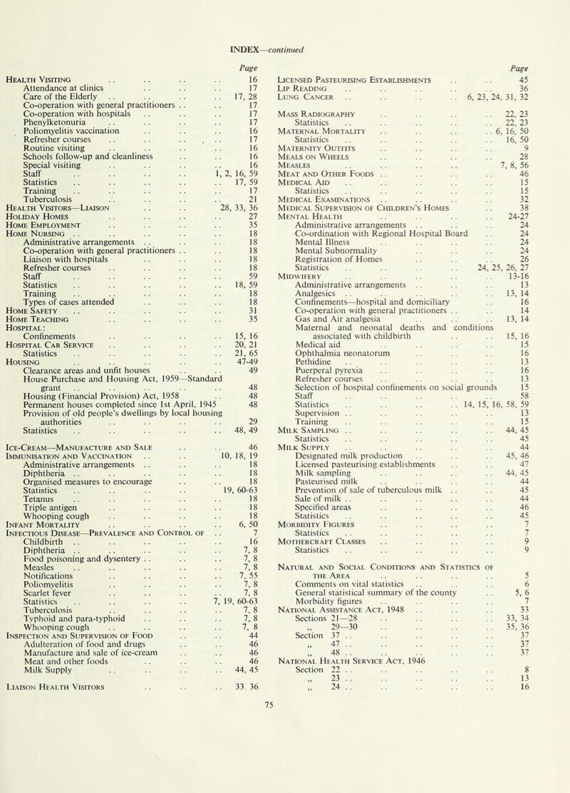Page Health Visiting .. .. .. 16 Attendance at clinics .. .. 17 Care of the Elderly .. .. .. .. 17, 28 Co-operation with general practitioners .. .. 17 Co-operation with hospitals .. .. .. 17 Phenylketonuria .. .. .. .. 17 Poliomyelitis vaccination .. .. 16 Refresher courses .. .. .. ... 17 Routine visiting .. .. .. 16 Schools follow-up and cleanliness .. .. 16 Special visiting .. .. .. 16 Staff .. .. .. .. 1, 2, 16, 59 Statistics .. .. .. .. ..17,59 Training .. .. .. .. .. 17 Tuberculosis .. .. .. .. 21 Health Visitors—Liaison .. .. 28, 33, 36 Holiday Homes .. .. .. .. 27 Home Employment .. .. .. 35 Home Nursing .. .. .. .. .. 18 Administrative arrangements .. .. .. 18 Co-operation with general practitioners .. .. 18 Liaison with hospitals .. .. .. 18 Refresher courses .. .. 18 Staff .. .. .. 59 Statistics .. .. .. .. 18,59 Training .. .. .. .. .. 18 Types of cases attended .. .. 18 Home Safety .. .. .. .. .. 31 Home Teaching .. .. .. 35 Hospital: Confinements .. .. .. 15,16 Hospital Car Service .. .. .. .. 20, 21 Statistics .. .. .. 21, 65 Housing .. . • 47-49 Clearance areas and unfit houses 49 House Purchase and Housing Act, 1959—Standard ^ant .. .. .. .. 48 Housing (Financial Provision) Act, 1958 .. 48 Permanent houses completed since 1st April, 1945 48 Provision of old people’s dwellings by local housing authorities .. .. .. .. 29 Statistics .. .. .. .. .. 48, 49 Ice-Cream—Manufacture and Sale .. .. 46 Immunisation and Vaccination .. 10, 18, 19 Administrative arrangements .. .. .. 18 Diphtheria .. .. .. .. .. 18 Organised measures to encourage .. .. 18 Statistics .. .. .. .. 19, 60-63 Tetanus .. .. .. .. .. 18 Triple antigen .. .. .. .. 18 Whooping cough .. .. .. .. 18 Infant Mortality .. .. .. .. 6, 50 Infectious Disease—Prevalence and Control of .. 7 Childbirth .. .. .. .. .. 16 Diphtheria .. .. .. .. .. 7, 8 Food poisoning and dysentery .. .. .. 7, 8 Measles .. .. .. .. .. 7, 8 Notifications .. .. .. .. 7, 55 Poliomyelitis .. .. .. .. 7, 8 Scarlet fever .. .. .. .. 7, 8 Statistics .. .. .. .. 7, 19, 60-63 Tuberculosis .. .. .. .. 7, 8 Typhoid and para-typhoid .. .. .. 7, 8 Whooping cough .. .. .. .. 7, 8 Inspection and Supervision of Food .. .. 44 Adulteration of food and drugs .. .. 46 Manufacture and sale of ice-cream .. .. 46 Meat and other foods .. .. .. 46 Milk Supply .. .. .. 44, 45 Liaison Health Visitors .. .. .. 33 36 Licensed Pasteurising Establishments Page 45 Lip Reading 36 Lung Cancer 6, 23, 24, 31, 32 Mass Radiography 22, 23 Statistics 22, 23 Maternal Mortality .. 6, 16, 50 Statistics 16, 50 Maternity Outfits 9 Meals on Wheels 28 Measles 7, 8, 56 Meat and Other Foods .. 46 Medical Aid 15 Statistics 15 Medical Examinations .. 32 Medical Supervision of Children’s Homes 38 Mental Health 24-27 Administrative arrangements .. 24 Co-ordination with Regional Hospital Board .. 24 Mental Illness 24 Mental Subnormality 24 Registration of Homes 26 Statistics 24, 25, 26, 27 Midwifery 13-16 Administrative arrangements .. 13 Analgesics .. 13,14 Confinements—hospital and domiciliary 16 Co-operation with general practitioners .. 14 Gas and Air analgesia 13, 14 Maternal and neonatal deaths and conditions associated with childbirth 15,16 Medical aid 15 Ophthalmia neonatorum 16 Pethidine 13 Puerperal pyrexia 16 Refresher courses 13 Selection of hospital confinements on social grounds 15 Staff 58 Statistics 14, 15, 16, 58, 59 Supervision .. 13 Training 15 Milk Sampling .. 44, 45 Statistics 45 Milk Supply 44 Designated milk production 45, 46 Licensed pasteurising establishments 47 Milk sampling .. 44, 45 Pasteurised milk 44 Prevention of sale of tuberculous milk .. 45 Sale of milk .. 44 Specified areas 46 Statistics 45 Morbidity Figures 7 Statistics 7 Mothercraft Classes 9 Statistics 9 Natural and Social Conditions and Statistics of THE Area 5 Comments on vital statistics 6 General statistical summary of the county 5. 6 Morbidity figures 7 National Assistance Act, 1948 33 Sections 21—28 .. 33, 34 „ 29—30 .. 35,36 Section 37 .. 37 „ 47 . . 37 „ 48 .. 37 National Health Service Act, 1946 Section 22 .. 8 „ 23 .. 13 „ 24 .. 16