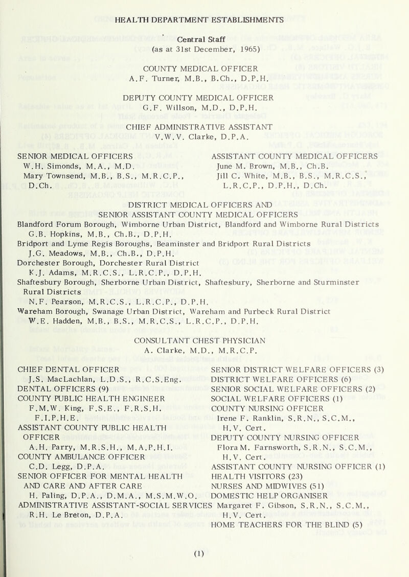 HEALTH DEPARTMENT ESTABLISHMENTS Central Staff (as at 31st December, 1965) COUNTY MEDICAL OFFICER A.F. Turner, M.B., B.Ch., D.P.H. DEPUTY COUNTY MEDICAL OFFICER G.F. Willson, M.D., D.P.H. CHIEF ADMINISTRATIVE ASSISTANT V.W.V. Clarke, D.P.A. SENIOR MEDICAL OFFICERS ASSISTANT COUNTY MEDICAL OFFICERS W.H. Simonds, M.A., M.D. June M. Brown, M.B., Ch.B. Mary Townsend, M.B., B.S., M.R.C.P., Jill C. White, M.B., B.S., M.R.C.S., D.Ch. L.R.C.P., D.P.H., D.Ch. DISTRICT MEDICAL OFFICERS AND SENIOR ASSISTANT COUNTY MEDICAL OFFICERS Blandford Forum Borough, Wimborne Urban District, Blandford and Wimborne Rural Districts G.B. Hopkins, M.B., Ch.B., D.P.H. Bridport and Lyme Regis Boroughs, Beaminster and Bridport Rural Districts J. G. Meadows, M.B., Ch.B., D.P.H. Dorchester Borough, Dorchester Rural District K. J. Adams, M.R.C.S., L.R.C.P., D.P.H. Shaftesbury Borough, Sherborne Urban District, Shaftesbury, Sherborne and Sturminster Rural Districts N.F. Pearson, M.R.C.S., L.R.C.P., D.P.H. Wareham Borough, Swanage Urban District, Wareham and Purbeck Rural District W.E. Hadden, M.B., B.S., M.R.C.S., L.R.C.P., D.P.H. CONSULTANT CHEST PHYSICIAN A. Clarke, M.D., M.R.C.P. CHIEF DENTAL OFFICER J.S. MacLachlan, L.D.S., R.C.S.Eng. DENTAL OFFICERS (9) COUNTY PUBLIC HEALTH ENGINEER F.M.W. King, F.S.E., F.R.S.H. F.I.P.H.E. ASSISTANT COUNTY PUBLIC HEALTH OFFICER SENIOR DISTRICT WELFARE OFFICERS (3) DISTRICT WELFARE OFFICERS (6) SENIOR SOCIAL WELFARE OFFICERS (2) SOCIAL WELFARE OFFICERS (1) COUNTY NURSING OFFICER Irene F. Ranklin, S.R.N., S.C.M., H.V. Cert. DEPUTY COUNTY NURSING OFFICER A. H. Parry, M.R.S.H., M.A.P.H.I. COUNTY AMBULANCE OFFICER FloraM. Farnsworth, S. R . N., S.C.M., H.V. Cert. C.D. Legg, D.P.A. SENIOR OFFICER FOR MENTAL HEALTH AND CARE AND AFTER CARE H. Paling, D.P.A., D.M.A., M.S.M.W.O. ADMINISTRATIVE ASSISTANT-SOCIAL SERVICES Margaret F. Gibson, S.R.N R.H. Le Breton, D.P.A. H.V. Cert. HOME TEACHERS FOR THE BLIND (5) ASSISTANT COUNTY NURSING OFFICER (1) HEALTH VISITORS (23) NURSES AND MIDWIVES (51) DOMESTIC HELP ORGANISER , S.C.M.,