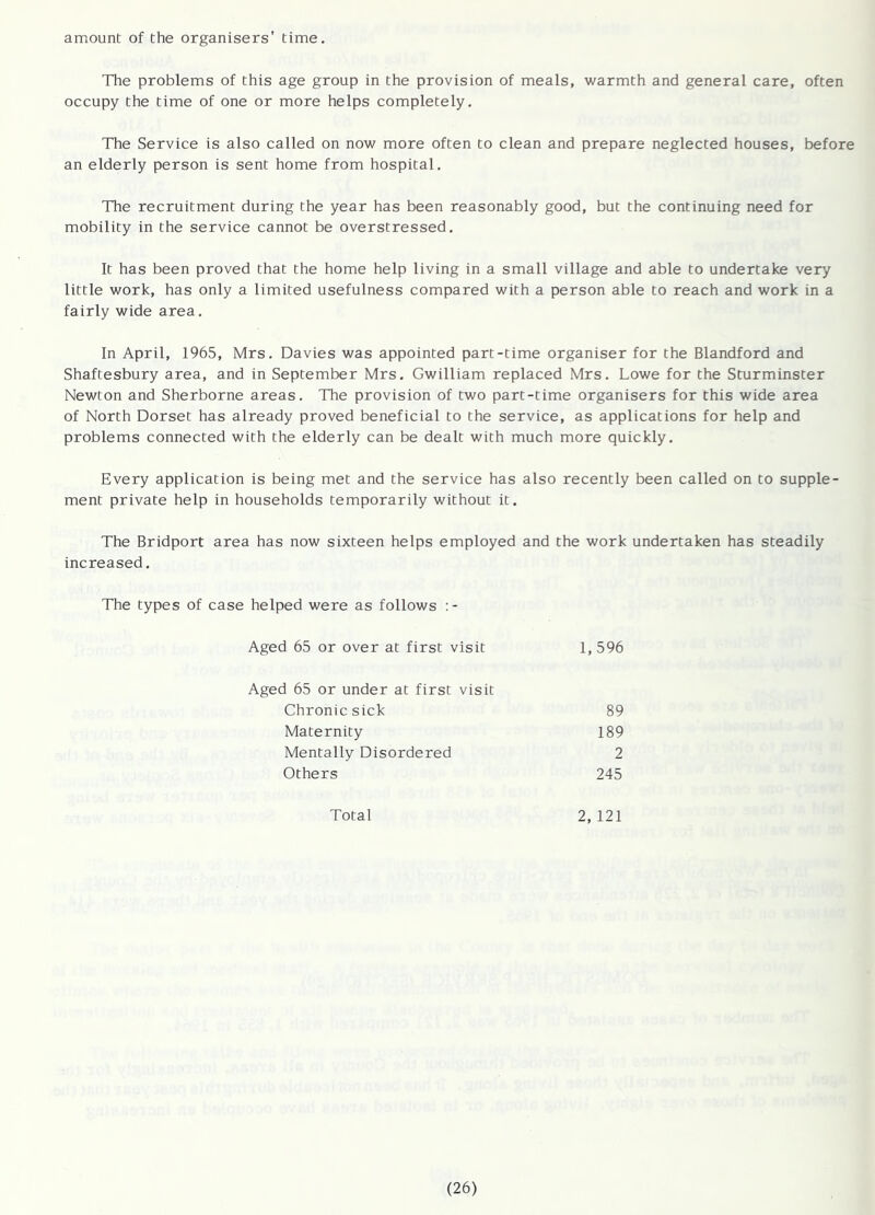 amount of the organisers’ time. The problems of this age group in the provision of meals, warmth and general care, often occupy the time of one or more helps completely. The Service is also called on now more often to clean and prepare neglected houses, before an elderly person is sent home from hospital. The recruitment during the year has been reasonably good, but the continuing need for mobility in the service cannot be overstressed. It has been proved that the home help living in a small village and able to undertake very little work, has only a limited usefulness compared with a person able to reach and work in a fairly wide area. In April, 1965, Mrs. Davies was appointed part-time organiser for the Blandford and Shaftesbury area, and in September Mrs. Gwilliam replaced Mrs. Lowe for the Sturminster Newton and Sherborne areas. The provision of two part-time organisers for this wide area of North Dorset has already proved beneficial to the service, as applications for help and problems connected with the elderly can be dealt with much more quickly. Every application is being met and the service has also recently been called on to supple- ment private help in households temporarily without it. The Bridport area has now sixteen helps employed and the work undertaken has steadily increased. The types of case helped were as follows :- Aged 65 or over at first visit 1,596 Aged 65 or under at first visit Chronic sick 89 Maternity 189 Mentally Disordered 2 Others 245 Total 2, 121