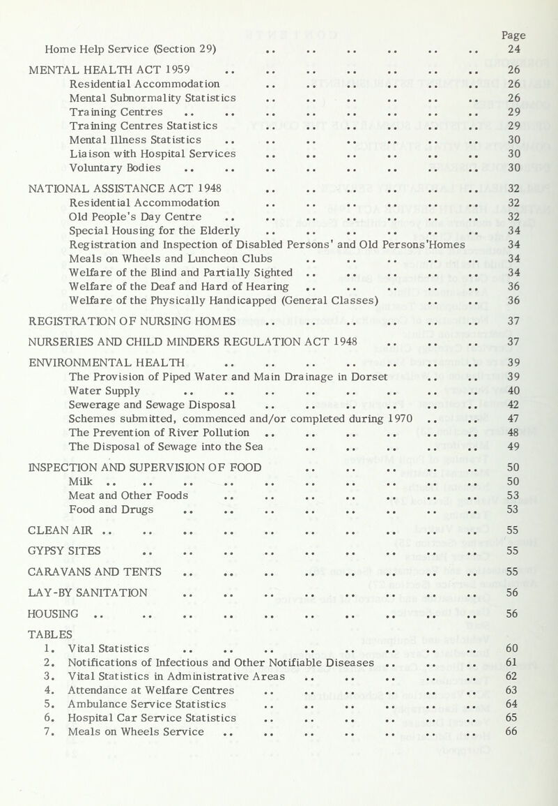 Page 24 Home Help Service (Section 29) MENTAL HEALTH ACT 1959 Residential Accommodation Mental Subnormality Statistics Training Centres Training Centres Statistics Mental Illness Statistics Liaison with Hospital Services Voluntary Bodies NATIONAL ASSISTANCE ACT 1948 Residential Accommodation Old People's Day Centre Special Housing for the Elderly Registration and Inspection of Disabled Persons' and Old Persons Meals on Wheels and Luncheon Clubs Welfare of the Blind and Partially Sighted Welfare of the Deaf and Hard of Hearing Welfare of the Physically Handicapped (General Classes) domes REGISTRATION OF NURSING HOMES NURSERIES AND CHILD MINDERS REGULATION ACT 1948 ENVIRONMENTAL HEALTH The Provision of Piped Water and Main Drainage in Dorset Water Supply Sewerage and Sewage Disposal Schemes submitted, commenced and/or completed during 1970 The Prevention of River Pollution The Disposal of Sewage into the Sea INSPECTION AND SUPERVISION OF FOOD MiUc Meat and Other Foods Food and Drugs CLEAN AIR GYPSY SITES CARAVANS AND TENTS LAY-BY SANITATION HOUSING .. TABLES 1. Vital Statistics 2. Notifications of Infectious and Other Notifiable Diseases 3. Vital Statistics in Administrative Areas 4. Attendance at Welfare Centres 5. Ambulance Service Statistics 6. Hospital Car Service Statistics 7. Meals on Wheels Service 26 26 26 29 29 30 30 30 32 32 32 34 34 34 34 36 36 37 37 39 39 40 42 47 48 49 50 50 53 53 55 55 55 56 56 60 61 62 63 64 65 66