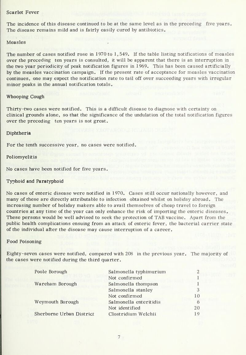 Scarlet Fever The incidence of this disease continued to be at the same level as in the preceding five years. The disease remains mild and is fairly easily cured by antibiotics. Measles The number of cases notified rose in 1970 to 1,549. If the table listing notifications of measles over the preceding ten years is consulted, it will be apparent that there is an internaption in the two year periodicity of peak notification figures in 1969. This has been caused artificially by the measles vaccination campaign. If the present rate of acceptance for measles vaccination continues, one may expect the notification rate to tail off over succeeding years with irregular minor peaks in the annual notification totals. Whooping Cough Thirty-two cases were notified. This is a difficult disease to diagnose with certainty on clinical grounds alone, so that the significance of the undulation of the total notification figures over the preceding ten years is not great. Diphtheria For the tenth successive year, no cases were notified. Poliomyelitis No cases have been notified for five years. Typhoid and Paratyphoid No cases of enteric disease were notified in 1970. Cases still occur nationally however, and many of these are directly attributable to infection obtained whilst on holiday abroad. The increasing number of holiday makers able to avail themselves of cheap travel to foreign countries at any time of the year can only enhance the risk of importing the enteric diseases. These persons would be well advised to seek the protection of TAB vaccine. Apart from the public health complications ensuing from an attack of enteric fever, the bacterial carrier state of the individual after the disease may cause interruption of a career. Food Poisoning Eighty-seven cases were notified, compared with 208 in the previous year. The majority of the cases were notified during the third quarter. Poole Borough Salmonella typhimurium 2 Not confirmed 1 Wareham Borough Salmonella thompson 1 Salmonella Stanley 3 Not confirmed 10 Weymouth Borough Salmonella enter it id is 6 Not identified 20 Sherborne Urban District Clostridium Welchii 19