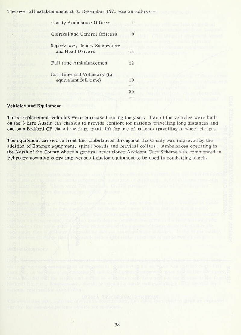 The over all establishment at 31 December 1971 was as follows: - County Ambulance Officer 1 Clerical and Control Officers 9 Supervisor, deputy Supervisor and Head Drivers 14 Full time Ambulancemen 52 Part time and Voluntary (to equivalent full time) 10 86 Vehicles and Equipment Three replacement vehicles were purchased during the year. Two of the vehicles were built on the 3 litre Austin car chassis to provide comfort for patients travelling long distances and one on a Bedford CF chassis with rear tail lift for use of patients travelling in wheel chairs. The equipment carried in front line ambulances throughout the County was improved by the addition of Entonox equipment, spinal boards and cervical collars. Ambulances operating in the North of the County where a general practitioner Accident Care Scheme was commenced in February now also carry intravenous infusion equipment to be used in combatting shock.