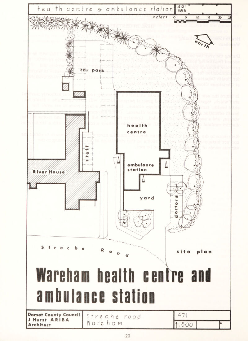 Aa\  hcalfh c <z n \ r <z & awhlanct s\a 11 o n.i 353 M£7<zrs O 5 10 15 2d Zi ambulance station Dorset County Council J Hurst ARIBA Architect S \ r <l c he road art h a m 471 1:500 F