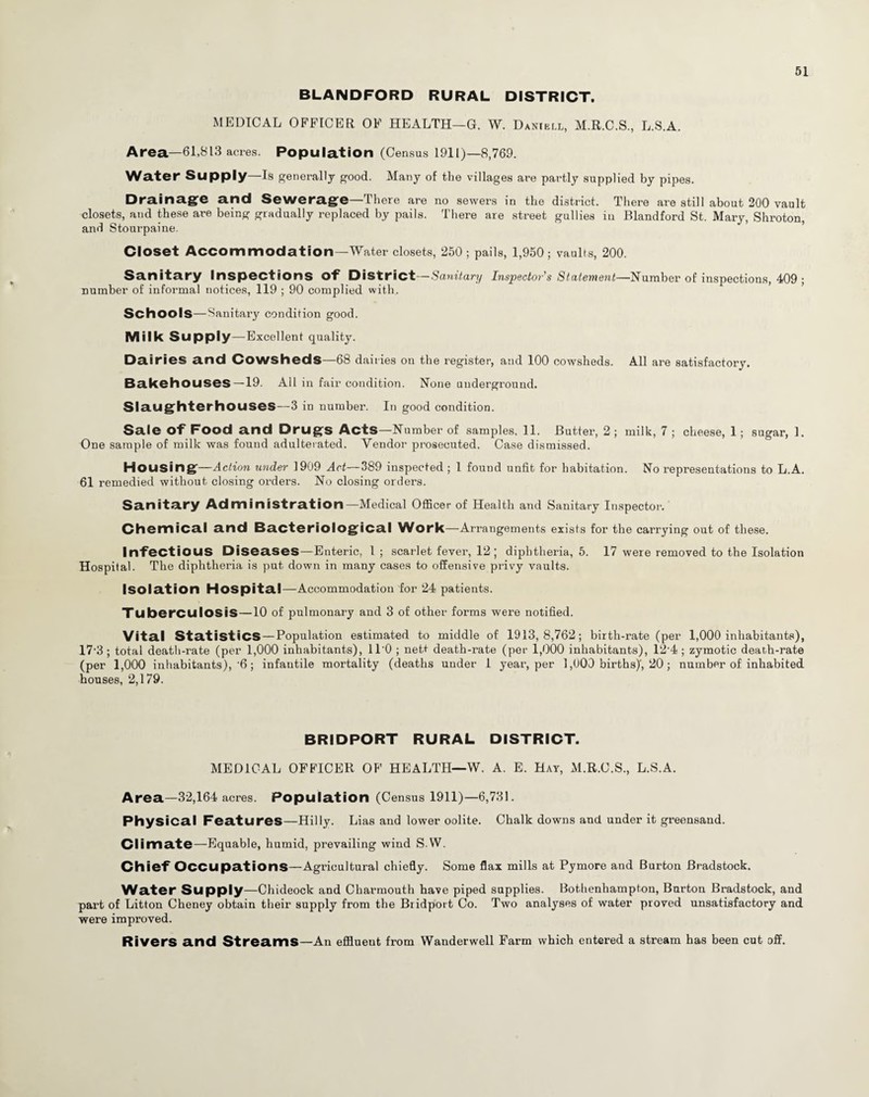 BLANDFORD RURAL DISTRICT. MEDICAL OFFICER OF HEALTH-G. W. Daniell, M.R.C.S, L.S.A. Area—61,813 acres. Population (Census 1911)—8,769. Water Supply—Is generally good. Many of the villages are partly supplied by pipes. Drainage and Sewerage—There are no sewers in the district. There are still about 200 vault closets, and these are being gradually replaced by pails. There are street gullies in Blandford St. Mary, Shroton, and Stourpaine. Closet Accommodation—Water closets, 250 ; pails, 1,950; vaults, 200. Sanitary Inspections Of District—Sanitary Inspector’s Statement—Number of inspections, 409 ; number of informal notices, 119 ; 90 complied with. Schools—Sanitary condition good. Milk Supply —Excellent quality. Dairies and Cowsheds—68 dairies on the register, and 100 cowsheds. All are satisfactory. Bakehouses—19. All in fair condition. None underground. Slaughterhouses—3 in number. In good condition. Sale Of Food and Drugs Acts—Number of samples. 11. Butter, 2 ; milk, 7 ; cheese, 1; sugar, 1. One sample of milk was found adulterated. Vendor prosecuted. Case dismissed. Housing—Action under 1909 Act—389 inspected ; 1 found unfit for habitation. No representations to L.A. 61 remedied without closing orders. No closing orders. Sanitary Administration—Medical Officer of Health and Sanitary Inspector. Chemical and Bacteriological Work—Arrangements exists for the carrying out of these. Infectious Diseases—Enteric, 1; scarlet fever, 12 ; diphtheria, 5. 17 were removed to the Isolation Hospital. The diphtheria is put down in many cases to offensive privy vaults. Isolation Hospital—Accommodation for 24 patients. Tuberculosis—10 of pulmonary and 3 of other forms were notified. Vital Statistics — Population estimated to middle of 1913,8,762; birth-rate (per 1,000 inhabitants), 173; total death-rate (per 1,000 inhabitants), ll'O ; nett death-rate (per 1,000 inhabitants), 12*4 ; zymotic death-rate (per 1,000 inhabitants), -6; infantile mortality (deaths under 1 year, per 1,000 births)', 20; number of inhabited houses, 2,179. BRIDPORT RURAL DISTRICT. MEDICAL OFFICER OF HEALTH—W. A. E. Hay, M.R.C.S., L.S.A. Area—32,164 acres. Population (Census 1911)—6,731. Physical Features—Hilly. Lias and lower oolite. Chalk downs and under it greensand. Climate—Equable, humid, prevailing wind S.W. Chief Occupations—Agricultural chiefly. Some flax mills at Pymore and Burton Bradstock. Water Supply—Chideock and Charmouth have piped supplies. Bothenhampton, Burton Bradstock, and part of Litton Cheney obtain their supply from the Bridport Co. Two analyses of water proved unsatisfactory and were improved. Rivers and Streams—An effluent from Wanderwell Farm which entered a stream has been cut off.