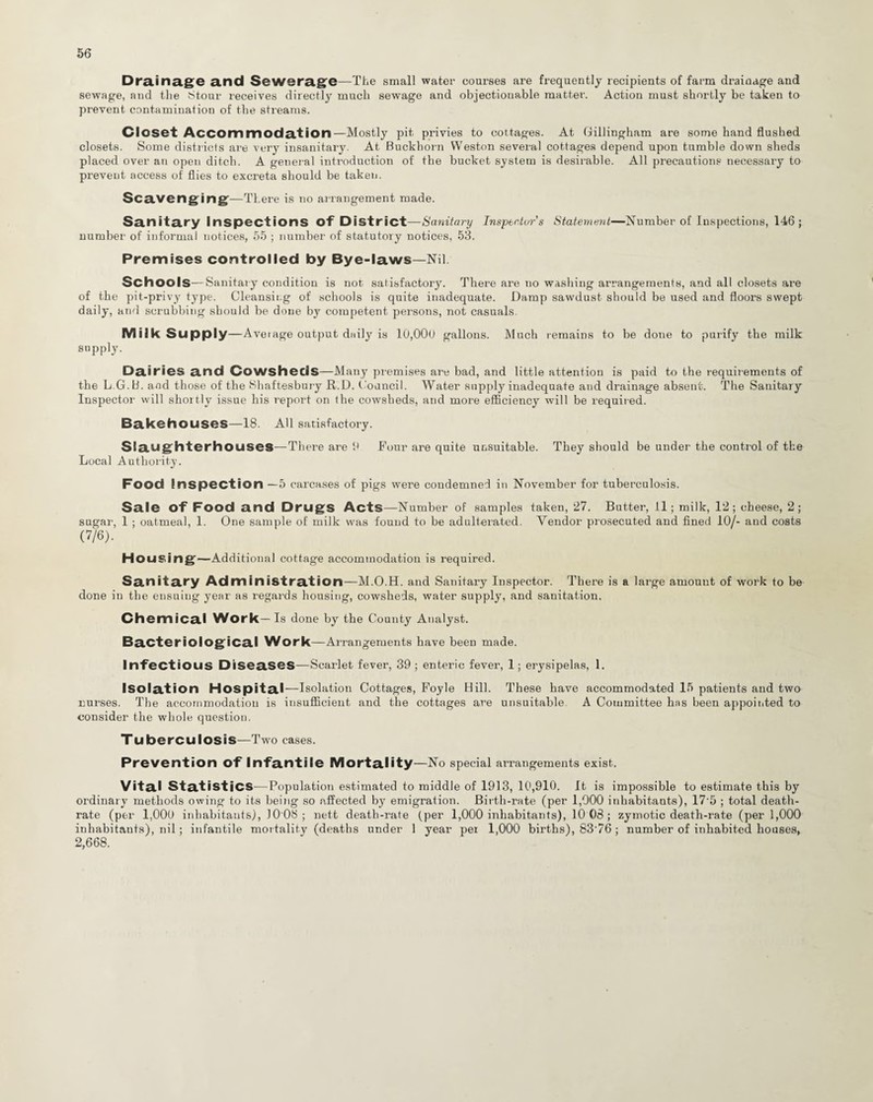 Drainage and Sewerage—The small water courses are frequently recipients of farm drainage and sewage, and the Stour receives directly much sewage and objectionable matter. Action must shortly be taken to prevent contamination of the streams. Closet Accommodation—Mostly pit, privies to cottages. At Gillingham are some hand flushed closets. Some districts are very insanitary. At Buckhorn Weston several cottages depend upon tumble down sheds placed over an open ditch. A general introduction of the bucket system is desirable. All precautions necessary to prevent access of flies to excreta should be taken. Scavenging—There is no arrangement made. Sanitary Inspections of District—Sanitary Inspector's Statement—Number of Inspections, 146 ; number of informal notices, 55 ; number of statutory notices, 53. Premises controlled by Bye-laws—Nil Schools—Sanitary condition is not satisfactory. There are no washing arrangements, and all closets are of the pit-privy type. Cleansii.g of schools is quite inadequate. Damp sawdust should be used and floors swept daily, and scrubbing should be done by competent persons, not casuals. Milk Supply —Average output daily is 10,000 gallons. Much remains to be done to purify the milk supply. Dairies and Cowsheds—Many premises are bad, and little attention is paid to the requirements of the L.G.B. and those of the Shaftesbury R.D. Council. Water supply inadequate and drainage absent. The Sanitary Inspector will shortly issue his report on the cowsheds, and more efficiency will be required. Bakehouses—18. All satisfactory. Slaughterhouses—There are it Four are quite unsuitable. They should be under the control of the Local Authority. Food Inspection —5 carcases of pigs were condemned in November for tuberculosis. Sale Of Food and Drugs Acts—Number of samples taken, 27. Butter, 11; milk, 12; cheese, 2; sugar, 1 ; oatmeal, 1. One sample of milk was found to be adulterated. Vendor prosecuted and fined 10/- and costs (7/6). Housing—Additional cottage accommodation is required. Sanitary Administration—M.O.H. and Sanitary Inspector. There is a large amount of work to be done in the ensuing year as regards housing, cowsheds, water supply, and sanitation. Chemical Work—Is done by the County Analyst. Bacteriological Work—Arrangements have been made. Infectious Diseases—Scarlet fever, 39 ; enteric fever, 1; erysipelas, 1. Isolation Hospital—Isolation Cottages, Foyle Hill. These have accommodated 15 patients and two nurses. The accommodation is insufficient and the cottages are unsuitable A Committee has been appointed to consider the whole question. Tuberculosis—Two cases. Prevention Of Infantile Mortality—No special arrangements exist. Vital Statistics—Pop ulation estimated to middle of 1913, 10,910. It is impossible to estimate tbis by ordinary methods owing to its being so affected by emigration. Birth-rate (per 1,900 inhabitants), 175 ; total death- rate (per 1,000 inhabitants), 10 08; nett death-rate (per 1,000 inhabitants), 10 08; zymotic death-rate (per 1,000 inhabitants), nil; infantile mortality (deaths under 1 year per 1,000 births), 83'76; number of inhabited houses, 2,668.