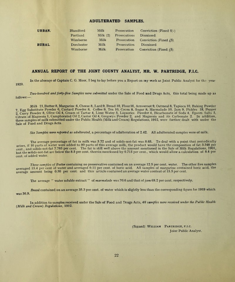 ADULTERATED SAMPLES. URBAN. Blandford Milk Prosecution Conviction (Fined 5/-' Portland Milk (2) Prosecutions Dismissed Wimborne Milk Prosecution Conviction (Fined £5) RURAL. Dorchester Milk Prosecution Dismissed Wimborne Milk Prosecution Conviction (Fined £5) ANNUAL REPORT OF THE JOINT COUNTY ANALYST, MR. W. PARTRIDGE, F.I.C. In the absence of Captain C. G. Moor, I beg to lay before you a Report on my work as Joint Public Analyst for the vear 1920. Two-hundred and forty-five Samples were submitted under the Sale of Food and Drugs Acts, this total being made up as follows:— Milk 21,Butter 8, Margarine 6, Cheese 8, Lard 9, Bread 10, Flourl6, Arrowroot 9, Oatmeal 8, Tapioca 10, Baking Powder 7, Egg Substitute Powder 6, Custard Powder 8, Coffee 9, Tea 10, Cocoa 8, Sugar 8, Marmalade 10, Jam 9, Pickles 18, Pepper 2, Curry Powder 8, Olive Oil 4, Cream of Tartar 4, Lime Water 5, Liquorice Powder 4, Bicarbonate of Soda 4, Epsom Salts 5, Citrate of Magnesia 1, Camphorated Oil 2, Castor Oil 4, Gregorys Powder 2, and Magnesia and its Carbonate 2. In addition, three samples of milk submitted under the Public Health (Milk and Cream) Regulations, 1912, were further dealt with under the Sale of Food and Drugs Acts. Six Samples were reported as adulterated, a percentage of adulteration of 2.42. All adulterated samples were of milk. The average percentage of fat in milk was 3.72 and of solids-not-fat was 8.65. To deal with a point that periodically arises, if 10 parts of water were added to 90 parts of this average milk, the product would have the composition of fat 3.348 per cent., and solids-not-fat 7.785 per cent. The fat is still well above the amount mentioned in the Sale of Milk Regulations, 1901, but the solids-not-fat are below the 8.5 per cent, therein mentioned by 0.715 per cent., which would allow a calculation of 8.4 per cent, of added water. Three samples of Butter containing no preservative contained on an average 12.5 per cent, water. The other five samples averaged 15.4 per cent of water and averaged 0.11 per cent, of boric acid. All samples of margarine contained boric acid, the average amount being 0.30 per cent, and this article contained an average water content of 15.5 per cent. The average  water soluble extract ” of marmalade was 70.6 and that of jam 68.2 per cent, respectively. Bread contained on an average 35.3 per cent, of water which is slightly less than the corresponding figure for 1919 which was 36.9. In addition to samples received under the Sale of Food and Drugs Acts, 40 samples were received under the Public Health (Milk and Cream) Regulations, 1912. (Signed) William Partridge, f.i.c. Joint Public Analyst.