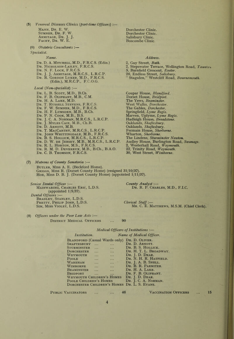 (5) Venereal Diseases Clinics [part-time Officers) :— Mann, Dr. E. W. Sumner, Dr. F. W. Armitage, Dr. J. J. Facey, Dr. W. E. (6) Obstetric Consultants :— Specialist. Name. Dr. D. a. Mitchell, M.D., F.R.C.S. (Edin.) Dr. Nicholson-Lailey, F.R.C.S. Dr. N. F. Lock, F.R.C.S. Dr. j. j. Armitage, M.R.C.S., L.R.C.P. Dr. R. Gordon Luker, M.D., F.R.C.S. (Edin.), M.R.C.P., F.C.O.G. Local [Non-specialist) :— Dr. L. B. Scott, M.D., B.Ch. Dr. F. B. Oliphant, M.B., C.M. Dr. H. a. Lake, M.D. Dr. T. Russell Stevens, F.R.C.S. Dr. F. W. Sumner, M.D., F.R.C.S. Dr. H. F. Lumsden, M.B., B.Ch. Dr. P. N. Cook, M.B., B.S. Dr. j. C. a. Norman, M.R.C.S., L.R.C.P. Dr. j. Myles Caie, M.B., Ch.B. Dr. D. Arnott, M.B. Dr. T. MacCarthy, M.R.C.S., L.R.C.P. Dr. John Whittingdale, M.B., F.R.C.S. Dr. B. S. Rollick, M.R.C.S., L.R.C.P. Dr. D. W. de Jersey, M.B., M.R.C.S., L.R.C.P. Dr. R. L. Horton, M.S., F.R.C.S. Dr. R. M. D. Devereux, M.B., B.Ch., B.A.O. Dr. C. B. Thomson, F.R.C.S. Dorchester Clinic. Dorchester Clinic. Salisbury Clinic. Boscombe Clinic. Address. 2, Gay Street, Bath. 2, Stepswater Terrace, Wellington Road, Taunton 5, Barnfield Crescent, Exeter. 26, Endless Street, Salisbury. “ Stagsden,” Westcliff Road, Bournemouth. Coupar House, Blandford. Dorset House, Bridport. The Yews, Beaminster. West Walks, Dorchester. The Gables, Dorchester. Springfield, Lyme Regis. Marven, Uplyme, J..yme Regis. Hadleigh House, Broadstone. Oaklands, Shaftesbury. Oaklands, Shaftesbury. Fermain House, Sherborne. Wharton, Sherborne. The Lindens, Sturminster Newton. Audley House, Burlington Road, Swanage. 2, Westerhall Road, Weymouth. 22, Trinity Road, Weymouth. 30, West Street, Wimborne. (7) Matrons of County Sanatoria :— Butler, Miss A. E. (Beckford Home). Griggs, Miss R. (Dorset County Home) (resigned 31/10/37). Hoe, Miss D. B. J. (Dorset County Home) (appointed 1/11/37). Senior Dental Officer :—■ Mainwaring, Charles Eric, L.D.S. (appointed 1/5/37). Dental Officers :— Bradley, Stanley, L.D.S. Pretty, Philip John, L.D.S. Sim, Miss Violet, L.D.S. (8) Officers under the Poor Law Acts :— District Medical Officers County Analyst ;— Dr. R. P. Charles, M.D., F.I.C. Clerical Staff:— Mr. C. E. Matthews, M.S.M. (Chief Clerk). 90 Institution. Medical Officers of Institutions :— Name of Medical Officer. Blandford (Casual Wards only) Dr. D. Oliver. Shaftesbury Sturminster Dorchester Weymouth Poole Wareham Wimborne Beaminster Bridport Weymouth Children’s Homes Poole Children’s Homes Dr. D. Arnott. Dr. B. S. Hollick. Dr. H. T. L. Broadway. Dr. j. D. Dear. Dr. N. H. R. Hatfield. Dr. j. a. B. Snell. Dr. B. R. Parmiter. Dr. H. a. Lake. Dr. F. B. Oliphant. Dr. j. D. Dear. Dr. j. C. a. Norman. Dorchester Children’s Homes Dr. L. S. Evans. Public Vaccinators 46 Vaccination Officers 15