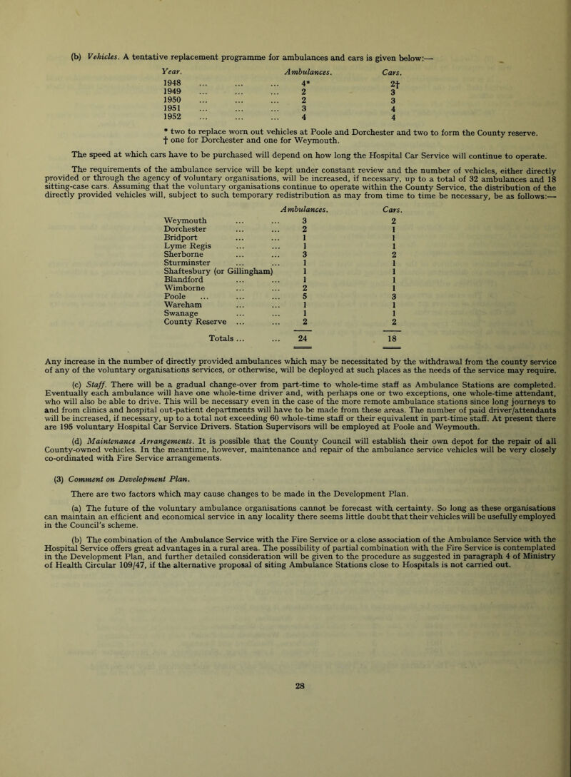 (b) Vehicles. A tentative replacement programme for ambulances and cars is given below;—• Year. Ambulances. Cars. 1948 1949 1950 1951 1952 4* 2 2 3 4 2t 3 3 4 4 * two to replace worn out vehicles at Poole and Dorchester and two to form the County reserve, ■j- one for Dorchester and one for Weymouth. The speed at which cars have to be purchased will depend on how long the Hospital Car Service will continue to operate. The requirements of the ambulance service will be kept under constant review and the number of vehicles, either directly provided or through the agency of voluntary organisations, will be increased, if necessary, up to a total of 32 ambulances and 18 sitting-case cars. Assuming that the voluntary organisations continue to operate within the County Service, the distribution of the directly provided vehicles will, subject to such temporary redistribution as may from time to time be necessary, be as follows:— Weymouth Dorchester Bridport Lyme Regis Sherborne Sturminster Shaftesbury (or Gillingham] Blandford Wimborne Poole Wareham Swanage County Reserve ... Ambulances. Cars. 3 2 2 1 1 1 1 1 3 2 1 1 1 1 1 1 2 1 5 3 1 1 1 1 2 2 Totals... ... 24 18 Any increase in the number of directly provided ambulances which may be necessitated by the withdrawal from the county service of any of the voluntary organisations services, or otherwise, will be deployed at such places as the needs of the service may require. (c) Staff. There will be a gradual change-over from part-time to whole-time staff as Ambulance Stations are completed. Eventually each ambulance will have one whole-time driver and, with perhaps one or two exceptions, one whole-time attendant, who will also be able to drive. This will be necessary even in the case of the more remote ambulance stations since long journeys to and from chnics and hospital out-patient departments will have to be made from these areas. The number of paid driver/attendants will be increased, if necessary, up to a total not exceeding 60 whole-time staff or their equivalent in part-time staff. At present there are 195 voluntary Hospital Car Service Drivers. Station Supervisors will be employed at Poole and Weymouth. (d) Maintenance Arrangements. It is possible that the County Council will establish their own depot for the repair of all County-owned vehicles. In the meantime, however, maintenance and repair of the ambulance service vehicles will be very closely co-ordinated with Fire Service arrangements. (3) Comment on Development Plan. There are two factors which may cause changes to be made in the Development Plan. (a) The future of the voluntary ambulance organisations cannot be forecast with certainty. So long as these organisations can maintain an efficient and economical service in any locality there seems little doubtthattheir vehicles will be usefully employed in the Council's scheme. (b) The combination of the Ambulance Service with the Fire Service or a close association of the Ambulance Service with the Hospital Service offers great advantages in a rural area. The possibility of partial combination with the Fire Service is contemplated in the Development Plan, and further detailed consideration will be given to the procedure as suggested in paragraph 4 of Ministry of Health Circular 109/47, if the alternative proposal of siting Ambulance Stations close to Hospitals is not carried out.