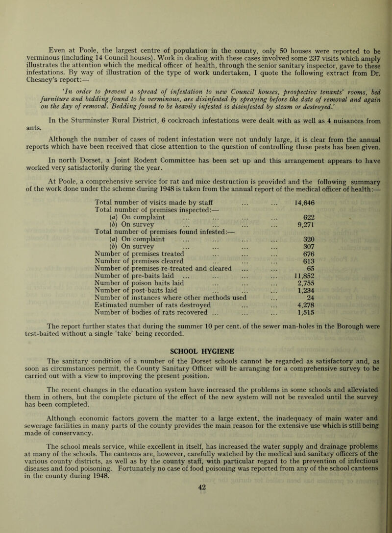 Even at Poole, the largest centre of population in the county, only 50 houses were reported to be verminous (including 14 Council houses). Work in dealing with these cases involved some 237 visits which amply illustrates the attention which the medical officer of health, through the senior sanitary inspector, gave to these infestations. By way of illustration of the type of work undertaken, I quote the following extract from Dr. Chesney’s report:— ‘In order to prevent a spread of infestation to new Council houses, prospective tenants’ rooms, bed furniture and bedding found to be verminous, are disinfested by spraying before the date of removal and again on the day of removal. Bedding found to be heavily infested is disinfested by steam or destroyed.’ In the Sturminster Rural District, 6 cockroach infestations were dealt with as well as 4 nuisances from ants. Although the number of cases of rodent infestation were not unduly large, it is clear from the annual reports which have been received that close attention to the question of controlling these pests has been given. In north Dorset, a Joint Rodent Committee has been set up and this arrangement appears to have worked very satisfactorily during the year. At Poole, a comprehensive service for rat and mice destruction is provided and the following summary of the work done under the scheme during 1948 is taken from the annual report of the medical officer of health:— Total number of visits made by staff ... ... 14,646 Total number of premises inspected:— (a) On complaint ... ... ... ... 622 (b) On survey ... ... ... ... 9,271 Total number of premises found infested:— (a) On complaint ... ... ... ... 320 (b) On survey ... ... ... ... 307 Number of premises treated ... ... ... 676 Number of premises cleared ... ... ... 613 Number of premises re-treated and cleared ... ... 65 Number of pre-baits laid ... ... ... ... 11,852 Number of poison baits laid ... ... ... 2,755 Number of post-baits laid ... ... ... 1,234 Number of instances where other methods used ... 24 Estimated number of rats destroyed ... ... 4,278 Number of bodies of rats recovered ... ... ... 1,515 The report further states that during the summer 10 per cent, of the sewer man-holes in the Borough were test-baited without a single ‘take’ being recorded. SCHOOL HYGIENE The sanitary condition of a number of the Dorset schools cannot be regarded as satisfactory and, as soon as circumstances permit, the County Sanitary Officer will be arranging for a comprehensive survey to be carried out with a view to improving the present position. The recent changes in the education system have increased the problems in some schools and alleviated them in others, but the complete picture of the effect of the new system will not be revealed until the survey has been completed. Although economic factors govern the matter to a large extent, the inadequacy of main water and sewerage facilities in many parts of the county provides the main reason for the extensive use which is still being made of conservancy. The school meals service, while excellent in itself, has increased the water supply and drainage problems at many of the schools. The canteens are, however, carefully watched by the medical and sanitary officers of the various county districts, as well as by the county staff, with particular regard to the prevention of infectious diseases and food poisoning. Fortunately no case of food poisoning was reported from any of the school canteens in the county during 1948.