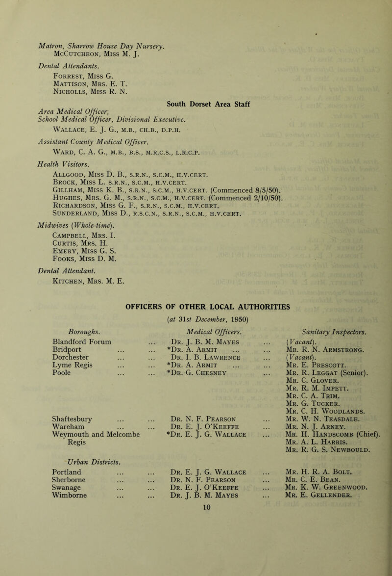 Matron, Sharrow House Day Nursery. McCutcheon, Miss M. J. Dental Attendants. Forrest, Miss G. Mattison, Mrs. E. T. Nicholls, Miss R. N. South Dorset Area Staff Area Medical Officer; School Medical Officer, Divisional Executive. Wallace, E. J. G., m.b., ch.b., d.p.h. Assistant County Medical Officer. Ward, C. A. G., m.b., b.s., m.r.c.s., l.r.c.p. Health Visitors. Allgood, Miss D. B., s.r.n., s.c.m., h.v.cert. Brock, Miss L. s.r.n., s.c.m., h.v.cert. Gillham, Miss K. B., s.r.n., s.c.m., h.v.cert. (Commenced 8/5/50). Hughes, Mrs. G. M., s.r.n., s.c.m., h.v.cert. (Commenced 2/10/50). Richardson, Miss G. F., s.r.n., s.c.m., h.v.cert. Sunderland, Miss D., r.s.c.n., s.r.n., s.c.m., h.v.cert. Midwives (Whole-time). Campbell, Mrs. I. Curtis, Mrs. H. Emery, Miss G. S. Fooks, Miss D. M. Dental Attendant. Kitchen, Mrs. M. E. OFFICERS OF OTHER LOCAL AUTHORITIES (iat 31 si December, 1950) Boroughs. Blandford Forum Bridport Dorchester Lyme Regis Poole Shaftesbury Wareham Weymouth and Melcombe Regis Urban Districts. Portland Sherborne Swanage Wimborne Medical Officers. Dr. J. B. M. Mayes *Dr. A. Armit Dr. I. B. Lawrence *Dr. A. Armit *Dr. G. Chesney Dr. N. F. Pearson Dr. E. J. O’Keeffe *Dr. E. J. G. Wallace Dr. E. J. G. Wallace Dr. N. F. Pearson Dr. E. J. O’Keeffe Dr. J. B. M. Mayes Sanitary Inspectors. (Vacant). Mr. R. N. Armstrong. [Vacant). Mr. E. Prescott. Mr. R. Leggat (Senior). Mr. C. Glover. Mr. R. M. Impett. Mr. C. A. Trim. Mr. G. Tucker. Mr. C. H. Woodlands. Mr. W. N. Teasdale. Mr. N. J. Arney. Mr. H. Handscomb (Chief) Mr. A. L. Harris. Mr. R. G. S. Newbould. Mr. H. R. A. Bolt. Mr. C. E. Bean. Mr. K. W. Greenwood. Mr. E. Gellender.