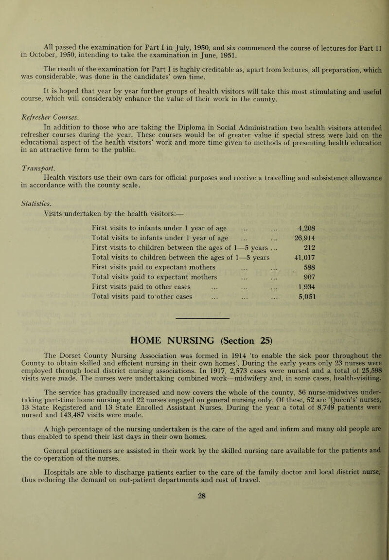 All passed the examination for Part I in July, 1950, and six commenced the course of lectures for Part II in October, 1950, intending to take the examination in June, 1951. The result of the examination for Part I is highly creditable as, apart from lectures, all preparation, which was considerable, was done in the candidates’ own time. It is hoped that year by year further groups of health visitors will take this most stimulating and useful course, which will considerably enhance the value of their work in the county. Refresher Courses. In addition to those who are taking the Diploma in Social Administration two health visitors attended refresher courses during the year. These courses would be of greater value if special stress were laid on the educational aspect of the health visitors’ work and more time given to methods of presenting health education in an attractive form to the public. T ransport. Health visitors use their own cars for official purposes and receive a travelling and subsistence allowance in accordance with the county scale. Statistics. Visits undertaken by the health visitors:— First visits to infants under 1 year of age ... ... 4,208 Total visits to infants under 1 year of age ... ... 26,914 First visits to children between the ages of 1—5 years ... 212 Total visits to children between the ages of 1—5 years 41,017 First visits paid to expectant mothers ... ... 588 Total visits paid to expectant mothers ... ... 907 First visits paid to other cases ... ... ... 1,934 Total visits paid to other cases ... ... ... 5,051 HOME NURSING (Section 25) The Dorset County Nursing Association was formed in 1914 ‘to enable the sick poor throughout the County to obtain skilled and efficient nursing in their own homes’. During the early years only 23 nurses were employed through local district nursing associations. In 1917, 2,573 cases were nursed and a total of 25,598 visits were made. The nurses were undertaking combined work—midwifery and, in some cases, health-visiting. The service has gradually increased and now covers the whole of the county, 56 nurse-midwives under- taking part-time home nursing and 22 nurses engaged on general nursing only. Of these, 52 are ‘Queen’s’ nurses, 13 State Registered and 13 State Enrolled Assistant Nurses. During the year a total of 8,749 patients were nursed and 143,487 visits were made. A high percentage of the nursing undertaken is the care of the aged and infirm and many old people are thus enabled to spend their last days in their own homes. General practitioners are assisted in their work by the skilled nursing care available for the patients and the co-operation of the nurses. Hospitals are able to discharge patients earlier to the care of the family doctor and local district nurse, thus reducing the demand on out-patient departments and cost of travel.