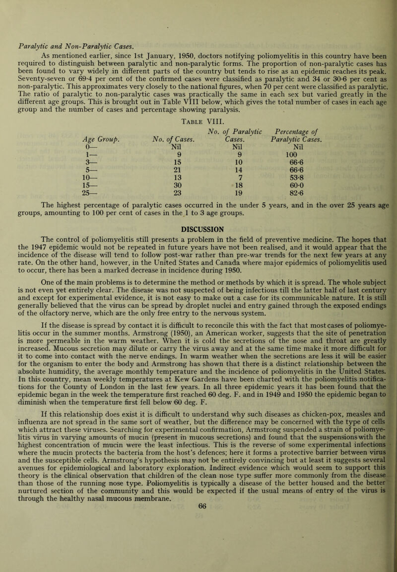 Paralytic and Non-Paralytic Cases. As mentioned earlier, since 1st January, 1950, doctors notifying poliomyelitis in this country have been required to distinguish between paralytic and non-paralytic forms. The proportion of non-paralytic cases has been found to vary widely in different parts of the country but tends to rise as an epidemic reaches its peak. Seventy-seven or 69-4 per cent of the confirmed cases were classified as paralytic and 34 or 30-6 per cent as non-paralytic. This approximates very closely to the national figures, when 70 per cent were classified as paralytic. The ratio of paralytic to non-paralytic cases was practically the same in each sex but varied greatly in the different age groups. This is brought out in Table VIII below, which gives the total number of cases in each age group and the number of cases and percentage showing paralysis. Table VIII. Age Group. No. of Cases. No. of Paralytic Cases. Percentage of Paralytic Cases. 0— Nil Nil Nil 1— 9 9 100 3— 15 10 66-6 5— 21 14 66-6 10— 13 7 53-8 15— 30 18 60-0 25— 23 19 82-6 The highest percentage of paralytic cases occurred in the under 5 years, and in the over 25 years age groups, amounting to 100 per cent of cases in the 1 to 3 age groups. DISCUSSION The control of poliomyelitis still presents a problem in the field of preventive medicine. The hopes that the 1947 epidemic would not be repeated in future years have not been realised, and it would appear that the incidence of the disease will tend to follow post-war rather than pre-war trends for the next few years at any rate. On the other hand, however, in the United States and Canada where major epidemics of poliomyelitis used to occur, there has been a marked decrease in incidence during 1950. One of the main problems is to determine the method or methods by which it is spread. The whole subject is not even yet entirely clear. The disease was not suspected of being infectious till the latter half of last century and except for experimental evidence, it is not easy to make out a case for its communicable nature. It is still generally believed that the virus can be spread by droplet nuclei and entry gained through the exposed endings of the olfactory nerve, which are the only free entry to the nervous system. If the disease is spread by contact it is difficult to reconcile this with the fact that most cases of poliomye- litis occur in the summer months. Armstrong (1950), an American worker, suggests that the site of penetration is more permeable in the warm weather. When it is cold the secretions of the nose and throat are greatly increased. Mucous secretion may dilute or carry the virus away and at the same time make it more difficult for it to come into contact with the nerve endings. In warm weather when the secretions are less it will be easier for the organism to enter the body and Armstrong has shown that there is a distinct relationship between the absolute humidity, the average monthly temperature and the incidence of poliomyelitis in the United States. In this country, mean weekly temperatures at Kew Gardens have been charted with the poliomyelitis notifica- tions for the County of London in the last few years. In all three epidemic years it has been found that the epidemic began in the week the temperature first reached 60 deg. F. and in 1949 and 1950 the epidemic began to diminish when the temperature first fell below 60 deg. F. If this relationship does exist it is difficult to understand why such diseases as chicken-pox, measles and influenza are not spread in the same sort of weather, but the difference may be concerned with the type of cells which attract these viruses. Searching for experimental confirmation, Armstrong suspended a strain of poliomye- litis virus in varying amounts of mucin (present in mucous secretions) and found that the suspensions with the highest concentration of mucin were the least infectious. This is the reverse of some experimental infections where the mucin protects the bacteria from the host’s defences; here it forms a protective barrier between virus and the susceptible cells. Armstrong’s hypothesis may not be entirely convincing but at least it suggests several avenues for epidemiological and laboratory exploration. Indirect evidence which would seem to support this theory is the clinical observation that children of the clean nose type suffer more commonly from the disease than those of the running nose type. Poliomyelitis is typically a disease of the better housed and the better nurtured section of the community and this would be expected if the usual means of entry of the virus is through the healthy nasal mucous membrane.