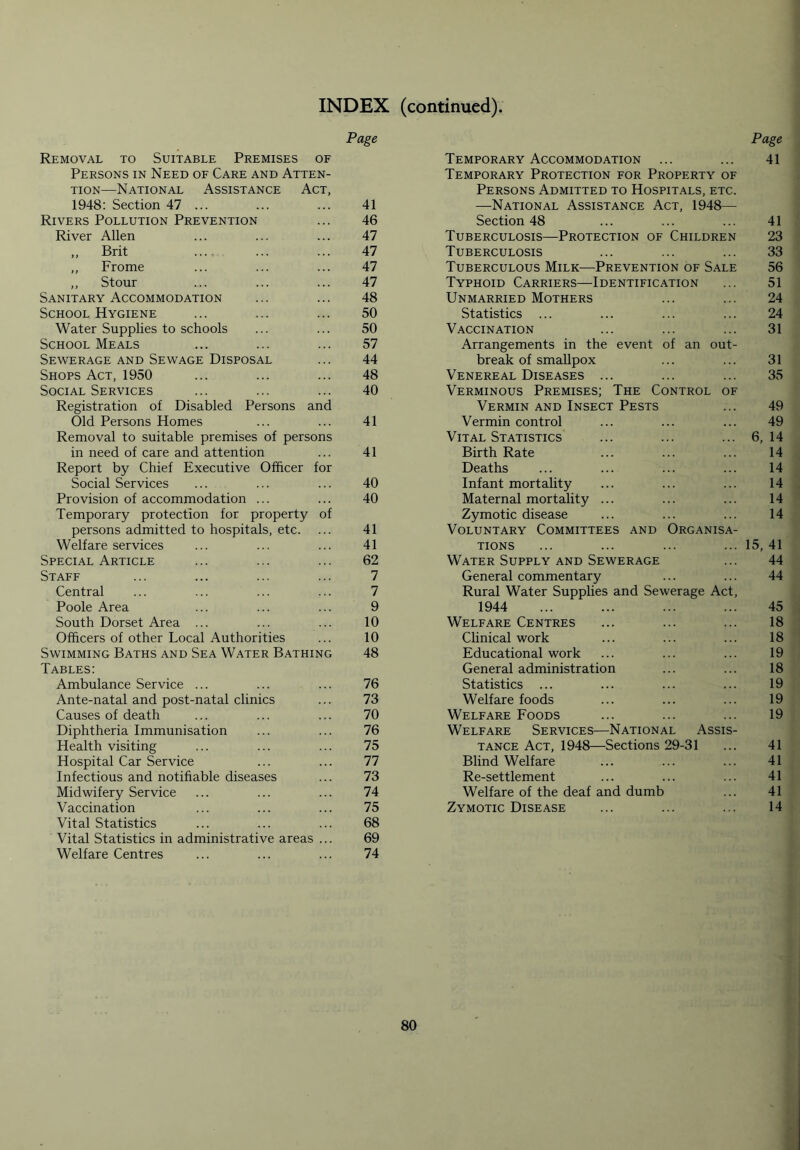 Page Page Removal to Suitable Premises of Temporary Accommodation 41 Persons in Need of Care and Atten- Temporary Protection for Property of tion—National Assistance Act, Persons Admitted to Hospitals, etc. 1948: Section 47 ... 41 —National Assistance Act, 1948— Rivers Pollution Prevention 46 Section 48 41 River Allen 47 Tuberculosis—Protection of Children 23 ,, Brit .... 47 Tuberculosis 33 ,, Frome 47 Tuberculous Milk—Prevention of Sale 56 ,, Stour 47 Typhoid Carriers—Identification 51 Sanitary Accommodation 48 Unmarried Mothers 24 School Hygiene 50 Statistics ... 24 Water Supplies to schools 50 Vaccination 31 School Meals 57 Arrangements in the event of an out- Sewerage and Sewage Disposal 44 break of smallpox 31 Shops Act, 1950 48 Venereal Diseases ... 35 Social Services 40 Verminous Premises; The Control of Registration of Disabled Persons and Vermin and Insect Pests 49 Old Persons Homes 41 Vermin control 49 Removal to suitable premises of persons Vital Statistics 6, 14 in need of care and attention 41 Birth Rate 14 Report by Chief Executive Officer for Deaths 14 Social Services 40 Infant mortality 14 Provision of accommodation ... 40 Maternal mortality ... 14 Temporary protection for property of Zymotic disease 14 persons admitted to hospitals, etc. 41 Voluntary Committees and Organisa- Welfare services 41 tions 15, 41 Special Article 62 Water Supply and Sewerage 44 Staff 7 General commentary 44 Central 7 Rural Water Supplies and Sewerage Act, Poole Area 9 1944 45 South Dorset Area ... 10 Welfare Centres 18 Officers of other Local Authorities 10 Clinical work 18 Swimming Baths and Sea Water Bathing 48 Educational work 19 Tables: General administration 18 Ambulance Service ... 76 Statistics ... 19 Ante-natal and post-natal clinics 73 Welfare foods 19 Causes of death 70 Welfare Foods 19 Diphtheria Immunisation 76 Welfare Services—National Assis- Health visiting 75 tance Act, 1948—Sections 29-31 41 Hospital Car Service 77 Blind Welfare 41 Infectious and notifiable diseases 73 Re-settlement 41 Midwifery Service 74 Welfare of the deaf and dumb 41 Vaccination 75 Zymotic Disease 14 Vital Statistics 68 Vital Statistics in administrative areas ... 69 Welfare Centres 74