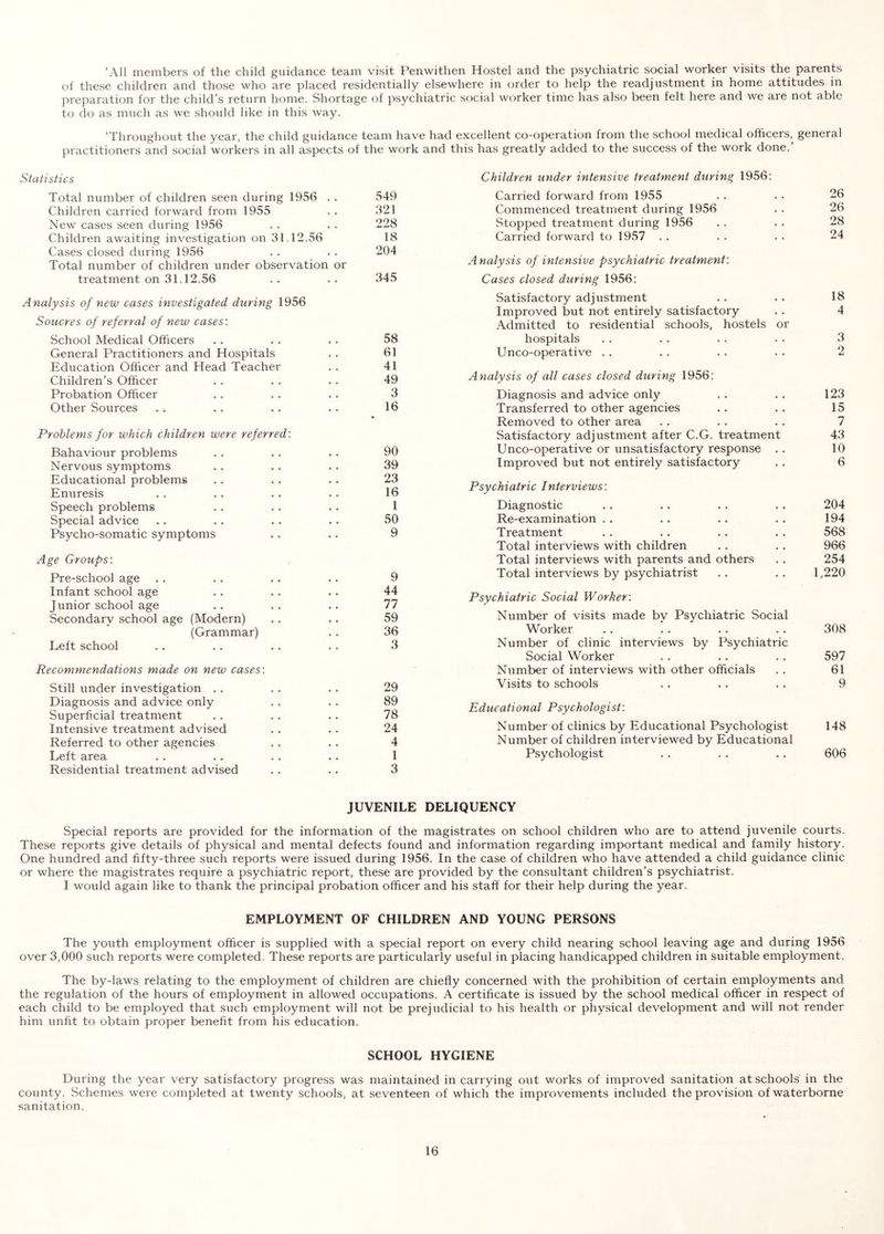 ‘All members of the child guidance team visit Penwithen Hostel and the psychiatric social worker visits the parents of these children and those who are placed residentially elsewhere in order to help the readjustment in home attitudes in preparation for the child’s return home. Shortage of psychiatric social worker time has also been felt here and we are not able to do as much as we should like in this way. ‘Throughout the year, the child guidance team have had excellent co-operation from the school medical officers, general practitioners and social workers in all aspects of the work and this has greatly added to the success of the work done. Statistics Total number of children seen during 1956 . . 549 Children carried forward from 1955 . . 321 New cases seen during 1956 . . . . 228 Children awaiting investigation on 31.12.56 18 Cases closed during 1956 . . . . 204 Total number of children under observation or treatment on 31.12.56 .. .. 345 Analysis of new cases investigated during 1956 Soucres of referral of new cases: School Medical Officers . . . . . . 58 General Practitioners and Hospitals . . 61 Education Officer and Head Teacher . . 41 Children’s Officer . . . . . . 49 Probation Officer . . . . . . 3 Other Sources . . . . • . . . 16 Problems for which children were referred: Bahaviour problems . . . . .. 90 Nervous symptoms . . .. . . 39 Educational problems . . . . . . 23 Enuresis . . . . . . . . 16 Speech problems . . . . . . 1 Special advice . . . . . . .. 50 Psycho-somatic symptoms . . . . 9 Age Groups: Pre-school age . . . . . . . . 9 Infant school age . . . . . . 44 Junior school age . . . . . . 77 Secondary school age (Modern) . . . . 59 (Grammar) . . 36 Left school . . . . . . . . 3 Recommendations made on new cases: Still under investigation . . . . . . 29 Diagnosis and advice only . . . . 89 Superficial treatment . . . . . . 78 Intensive treatment advised . . . . 24 Referred to other agencies . . . . 4 Left area . . . . . . . . 1 Residential treatment advised . . . . 3 Children under intensive treatment during 1956: Carried forward from 1955 . . . . 26 Commenced treatment during 1956 . . 26 Stopped treatment during 1956 . . . . 28 Carried forward to 1957 . . . . . . 24 Analysis of intensive psychiatric treatment: Cases closed during 1956: Satisfactory adjustment . . . . 18 Improved but not entirely satisfactory . . 4 Admitted to residential schools, hostels or hospitals . . . . . . . . 3 Unco-operative . . . . . . . . 2 Analysis of all cases closed during 1956: Diagnosis and advice only . . . . 123 Transferred to other agencies .. . . 15 Removed to other area . . . . . . 7 Satisfactory adjustment after C.G. treatment 43 Unco-operative or unsatisfactory response . . 10 Improved but not entirely satisfactory . . 6 Psychiatric Interviews: Diagnostic . . . . . . . . 204 Re-examination . . . . . . . . 194 Treatment . . . . . . . . 568 Total interviews with children . . . . 966 Total interviews with parents and others . . 254 Total interviews by psychiatrist . . . . 1,220 Psychiatric Social Worker: Number of visits made by Psychiatric Social Worker . . . . . . . . 308 Number of clinic interviews by Psychiatric Social Worker . . . . . . 597 Number of interviews with other officials . . 61 Visits to schools . . . . . . 9 Educational Psychologist: Number of clinics by Educational Psychologist 148 Number of children interviewed by Educational Psychologist . . . . . . 606 JUVENILE DELIQUENCY Special reports are provided for the information of the magistrates on school children who are to attend juvenile courts. These reports give details of physical and mental defects found and information regarding important medical and family history. One hundred and fifty-three such reports were issued during 1956. In the case of children who have attended a child guidance clinic or where the magistrates require a psychiatric report, these are provided by the consultant children’s psychiatrist. I would again like to thank the principal probation officer and his staff for their help during the year. EMPLOYMENT OF CHILDREN AND YOUNG PERSONS The youth employment officer is supplied with a special report on every child nearing school leaving age and during 1956 over 3,000 such reports were completed. These reports are particularly useful in placing handicapped children in suitable employment. The by-laws relating to the employment of children are chiefly concerned with the prohibition of certain employments and the regulation of the hours of employment in allowed occupations. A certificate is issued by the school medical officer in respect of each child to be employed that such employment will not be prejudicial to his health or physical development and will not render him unfit to obtain proper benefit from his education. SCHOOL HYGIENE During the year very satisfactory progress was maintained in carrying out works of improved sanitation at schools in the county. Schemes were completed at twenty schools, at seventeen of which the improvements included the provision of waterborne sanitation.