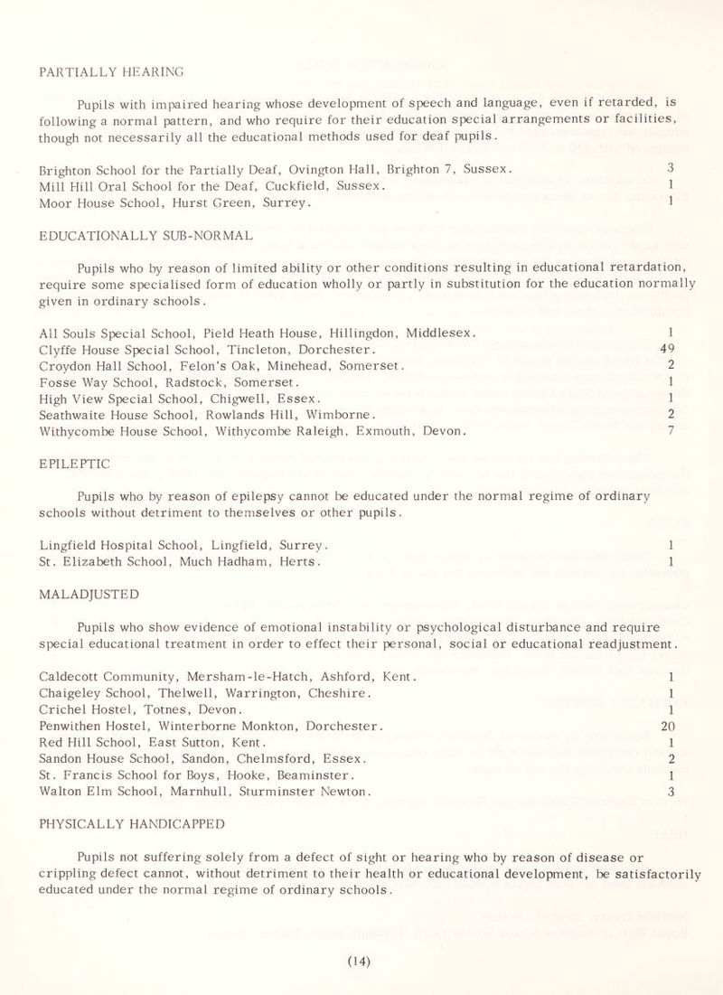PARTIALLY HEARING Pupils with impaired hearing whose development of speech and language, even if retarded, is following a normal pattern, and who require for their education special arrangements or facilities, though not necessarily all the educational methods used for deaf pupils. Brighton School for the Partially Deaf, Ovington Hall, Brighton 7, Sussex. 3 Mill Hill Oral School for the Deaf, Cuckfield, Sussex. 1 Moor House School, Hurst Green, Surrey. 1 EDUGATIONALLY SUB-NORMAL Pupils who by reason of limited ability or other conditions resulting in educational retardation, require some specialised form of education wholly or partly in substitution for the education normally given in ordinary schools. All Souls Special School, Pield Heath House, Hillingdon, Middlesex. 1 Clyffe House Special School, Tincleton, Dorchester. 49 Croydon Hall School, Felon's Oak, Minehead, Somerset. 2 Fosse Way School, Radstock, Somerset. 1 High View Special School, Chigwell, Essex. 1 Seathwaite House School, Rowlands Hill, Wimborne. 2 Withycombe House School, Withycombe Raleigh, Exmouth, Devon. 7 EPILEPTIC Pupils who by reason of epilepsy cannot be educated under the normal regime of ordinary schools without detriment to themselves or other pupils. Lingfield Hospital School, Lingfield, Surrey. 1 St. Elizabeth School, Much Hadham, Herts. 1 MALADJUSTED Pupils who show evidence of emotional instability or psychological disturbance and require special educational treatment in order to effect their personal, social or educational readjustment. Caldecott Community, Mersham-le-Hatch, Ashford, Kent. 1 Chaigeley School, Thelwell, Warrington, Cheshire. 1 Crichel Hostel, Totnes, Devon. 1 Penwithen Hostel, Winterborne Monkton, Dorchester. 20 Red Hill School, East Sutton, Kent. 1 Sandon House School, Sandon, Chelmsford, Essex. 2 St. Francis School for Boys, Hooke, Beaminster. 1 Walton Elm School, Marnhull, Sturminster Newton. 3 PHYSICALLY HANDICAPPED Pupils not suffering solely from a defect of sight or hearing who by reason of disease or crippling defect cannot, without detriment to their health or educational development, be satisfactorily educated under the normal regime of ordinary schools.
