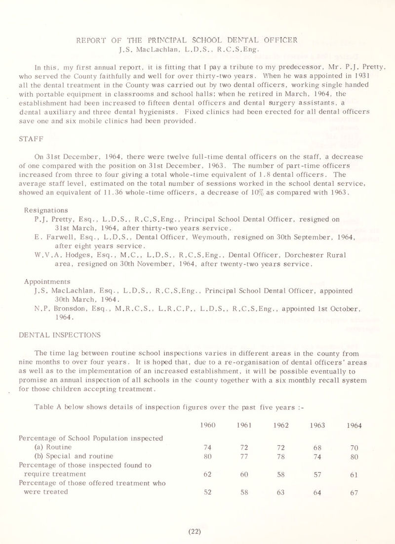 REPORT OF THE PRINCIPAL SCHOOL DENTAL OFFICER J.S. MacLachlan, L.D.S., R.C.S.Eng. In this, my first annual report, it is fitting that I pay a tribute to my predecessor, Mr. P.J. Pretty, who served the County faithfully and well for over thirty-two years. When he was appointed in 1931 all the dental treatment in the County was carried out by two dental officers, working single handed with portable equipment in classrooms and school halls; when he retired in March, 1964, the establishment had been increased to fifteen dental officers and dental surgery assistants, a dental auxiliary and three dental hygienists. Fixed clinics had been erected for all dental officers save one and six mobile clinics had been provided. STAFF On 31st December, 1964, there were twelve full-time dental officers on the staff, a decrease of one compared with the position on 31st December, 1963. The number of part-time officers increased from three to four giving a total whole-time equivalent of 1.8 dental officers . The average staff level, estimated on the total number of sessions worked in the school dental service, showed an equivalent of 11.36 whole-time officers, a decrease of 10% as compared with 1963. Resignations P.J. Pretty, Esq., L.D.S., R.C.S.Eng., Principal School Dental Officer, resigned on 31st March, 1964, after thirty-two years service. E. Farwell, Esq., L.D.S., Dental Officer, Weymouth, resigned on 30th September, 1964, after eight years service. W.V.A. Hodges, Esq., M.C., L.D.S., R.C.S.Eng., Dental Officer, Dorchester Rural area, resigned on 30th November, 1964, after twenty-two years service. Appointments J.S. MacLachlan, Esq., L.D.S., R.C.S.Eng., Principal School Dental Officer, appointed 30th March, 1964 . N.P. Bronsdon, Esq., M.R.C.S., L.R.C.P., L.D.S., R.C.S.Eng., appointed 1st October, 1964. DENTAL INSPECTIONS The time lag between routine school inspections varies in different areas in the county from nine months to over four years. It is hoped that, due to a re-organisation of dental officers' areas as well as to the implementation of an increased establishment, it will be possible eventually to promise an annual inspection of all schools in the county together with a six monthly recall system for those children accepting treatment. Table A below shows details of inspection figures over the past five years :- Percentage of School Population inspected 1960 1961 1962 1963 1964 (a) Routine 74 72 72 68 70 (b) Special and routine Percentage of those inspected found to 80 77 78 74 80 require treatment Percentage of those offered treatment who 62 60 58 57 61 were treated 52 58 63 64 67