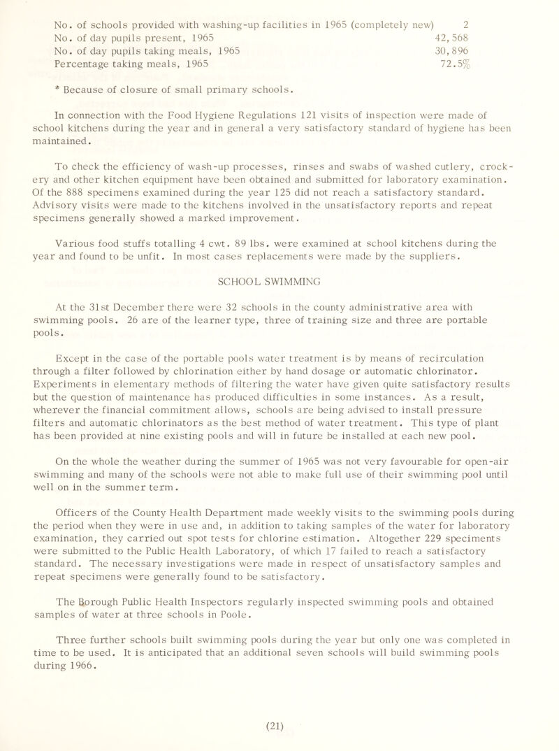 No. of schools provided with washing-up facilities in 1965 (completely new) 2 No. of day pupils present, 1965 42,568 No. of day pupils taking meals, 1965 30,896 Percentage taking meals, 1965 72.5% * Because of closure of small primary schools. In connection with the Food Hygiene Regulations 121 visits of inspection were made of school kitchens during the year and in general a very satisfactory standard of hygiene has been maintained. To check the efficiency of wash-up processes, rinses and swabs of washed cutlery, crock- ery and other kitchen equipment have been obtained and submitted for laboratory examination. Of the 888 specimens examined during the year 125 did not reach a satisfactory standard. Advisory visits were made to the kitchens involved in the unsatisfactory reports and repeat specimens generally showed a marked improvement. Various food stuffs totalling 4 cwt. 89 lbs. were examined at school kitchens during the year and found to be unfit. In most cases replacements were made by the suppliers. SCHOOL SWIMMING At the 31st December there were 32 schools in the county administrative area with swimming pools. 26 are of the learner type, three of training size and three are portable pools. Except in the case of the portable pools water treatment is by means of recirculation through a filter followed by chlorination either by hand dosage or automatic chlorinator. Experiments in elementary methods of filtering the water have given quite satisfactory results but the question of maintenance has produced difficulties in some instances. As a result, wherever the financial commitment allows, schools are being advised to install pressure filters and automatic chlorinators as the best method of water treatment. This type of plant has been provided at nine existing pools and will in future be installed at each new pool. On the whole the weather during the summer of 1965 was not very favourable for open-air swimming and many of the schools were not able to make full use of their swimming pool until well on in the summer term. Officers of the County Health Department made weekly visits to the swimming pools during the period when they were in use and, in addition to taking samples of the water for laboratory examination, they carried out spot tests for chlorine estimation. Altogether 229 speciments were submitted to the Public Health Laboratory, of which 17 failed to reach a satisfactory standard. The necessary investigations were made in respect of unsatisfactory samples and repeat specimens were generally found to be satisfactory. The Borough Public Health Inspectors regularly inspected swimming pools and obtained samples of water at three schools in Poole. Three further schools built swimming pools during the year but only one was completed in time to be used. It is anticipated that an additional seven schools will build swimming pools during 1966.
