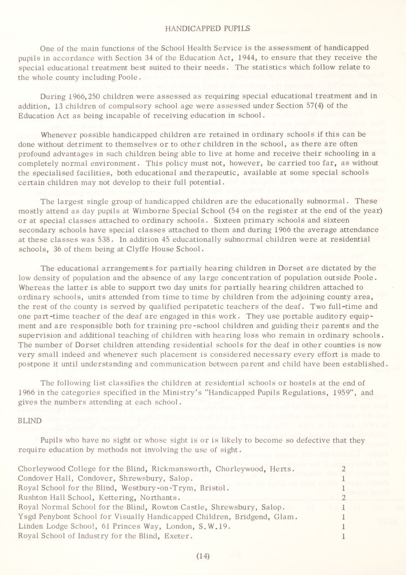 HANDICAPPED PUPILS One of the main functions of the School Health Service is the assessment of handicapped pupils in accordance with Section 34 of the Education Act, 1944, to ensure that they receive the special educational treatment best suited to their needs. The statistics which follow relate to the whole county including Poole. During 1966,250 children were assessed as requiring special educational treatment and in addition, 13 children of compulsory school age were assessed under Section 57(4) of the Education Act as being incapable of receiving education in school. Whenever possible handicapped children are retained in ordinary schools if this can be done without detriment to themselves or to other children in the school, as there are often profound advantages in such children being able to live at home and receive their schooling in a completely normal environment. This policy must not, however, be carried too far, as without the specialised facilities, both educational and therapeutic, available at some special schools certain children may not develop to their full potential. The largest single group of handicapped children are the educationally subnormal. These mostly attend as day pupils at Wimborne Special School (54 on the register at the end of the year) or at special classes attached to ordinary schools. Sixteen primary schools and sixteen secondary schools have special classes attached to them and during 1966 the average attendance at these classes was 538. In addition 45 educationally subnormal children were at residential schools, 36 of them being at Clyffe House School. The educational arrangements for partially hearing children in Dorset are dictated by the low density of population and the absence of any large concentration of population outside Poole. Whereas the latter is able to support two day units for partially hearing children attached to ordinary schools, units attended from time to time by children from the adjoining county area, the rest of the county is served by qualified peripatetic teachers of the deaf. Two full-time and one part-time teacher of the deaf are engaged in this work. They use portable auditory equip- ment and are responsible both for training pre-school children and guiding their parents and the supervision and additional teaching of children with hearing loss who remain in ordinary schools. The number of Dorset children attending residential schools for the deaf in other counties is now very small indeed and whenever such placement is considered necessary every effort is made to postpone it until understanding and communication between parent and child have been established. The following list classifies the children at residential schools or hostels at the end of 1966 in the categories specified in the Ministry's Handicapped Pupils Regulations, 1959, and gives the numbers attending at each school. BLIND Pupils who have no sight or whose sight is or is likely to become so defective that they require education by methods not involving the use of sight. Chorleywood College for the Blind, Rickmansworth, Chorleywood, Herts. Condover Hall, Condover, Shrewsbury, Salop. Royal School for the Blind, Westbury-on-Trym, Bristol. Rushton Hall School, Kettering, Northants. Royal Normal School for the Blind, Rowton Castle, Shrewsbury, Salop. Ysgd Penybont School for Visually Handicapped Children, Bridgend, Glam. Linden Lodge School, 61 Princes Way, London, S.W.19. Royal School of Industry for the Blind, Exeter. 2 1 1 2 1 1 1 1