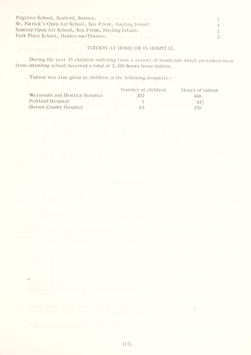 Pilgrims School, Seaford, Sussex. St. Patrick’s Open Air School, Sea Front, Hayling Island. 4 Suntrap Open Air School, Sea Front, Hayling Island. 1 Park Place School, Henley-on-Thames. 2 TUITION AT HOME OR IN HOSPITAL During the year 25 children suffering from a variety of handicaps which prevented them from attending school received a total of 2, 328 hours home tuition. Tuition was also given to children in the following hospitals;- Number of children Hours of tuition Weymouth and District Hospital 202 446 Portland Hospital 1 341 Dorset County Hospital 63 370