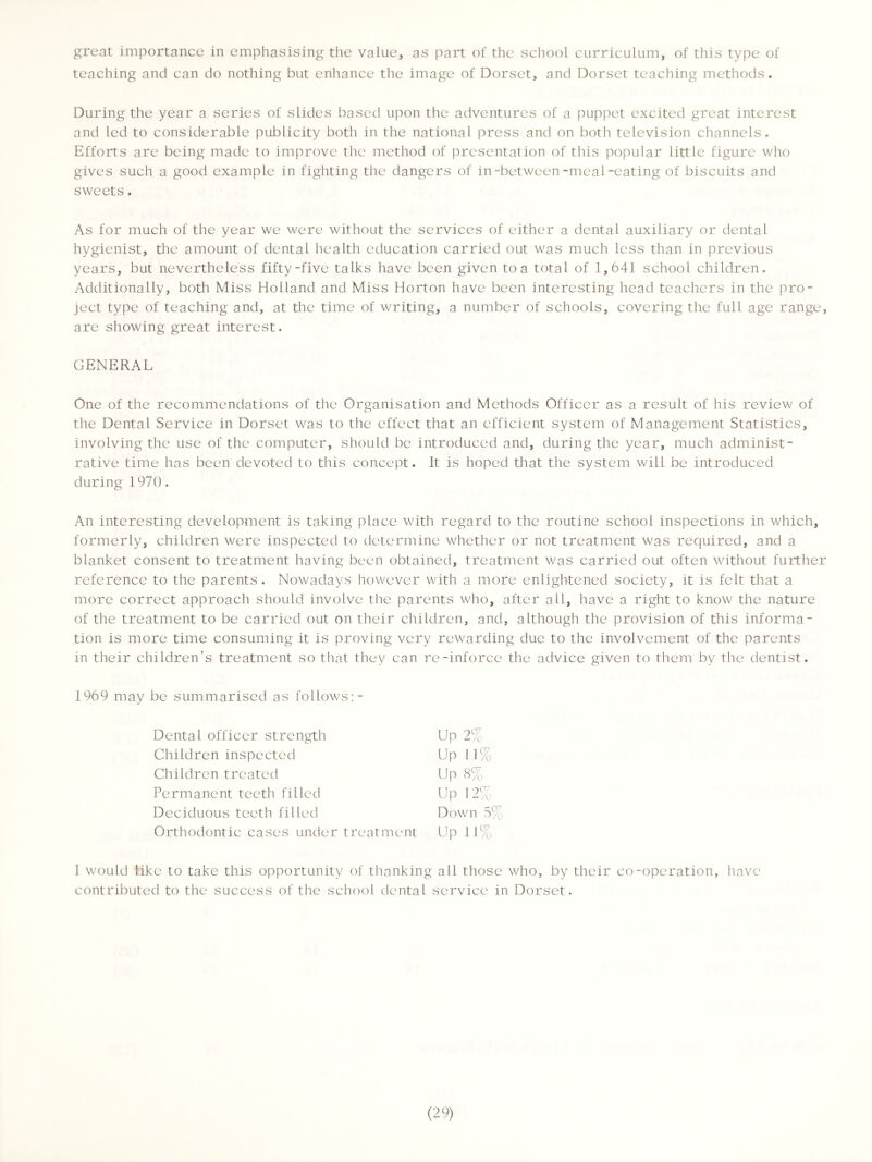 great importance in emphasising the value, as part of the school curriculum, of this type of teaching and can do nothing but enhance the image of Dorset, and Dorset teaching methods. During the year a series of slides based upon the adventures of a puppet excited great interest and led to considerable publicity both in the national press and on both television channels. Efforts are being made to improve the method of presentation of this popular little figure who gives such a good example in fighting the dangers of in-between-meal-eating of biscuits and sweets. As for much of the year we were without the services of either a dental auxiliary or dental hygienist, the amount of dental health education carried out was much less than in previous years, but nevertheless fifty-five talks have been given to a total of 1,641 school children. Additionally, both Miss Holland and Miss Horton have been interesting head teachers in the pro- ject type of teaching and, at the time of writing, a number of schools, covering the fulL age range, are showing great interest. GENERAL One of the recommendations of the Organisation and Methods Officer as a result of his review of the Dental Service in Dorset was to the effect that an efficient system of Management Statistics, involving the use of the computer, should be introduced and, during the year, much administ- rative time has been devoted to this concept. It is hoped that the system will be introduced during 1970. An interesting development is taking place with regard to the routine school inspections in which, formerly, children were inspected to determine whether or not treatment was required, and a blanket consent to treatment having been obtained, treatment was carried out often without further reference to the parents. Nowadays however with a more enlightened society, it is felt that a more correct approach should involve the parents who, after all, have a right to know the nature of the treatment to be carried out on their children, and, although the provision of this informa- tion is more time consuming it is proving very rewarding due to the involvement of the parents in their children's treatment so that they can re-inforce the advice given to them by the dentist. 1969 may be summarised as follows:- Dental officer strength Children inspected Up 2% Up 11% Children treated Up 8% Permanent teeth filled Deciduous teeth filled Down 5% Up 11% Up 12% n Orthodontic cases under treatment 1 would like to take this opportunity of thanking all those who, by their co-operation, have contributed to the success of the school dental service in Dorset.