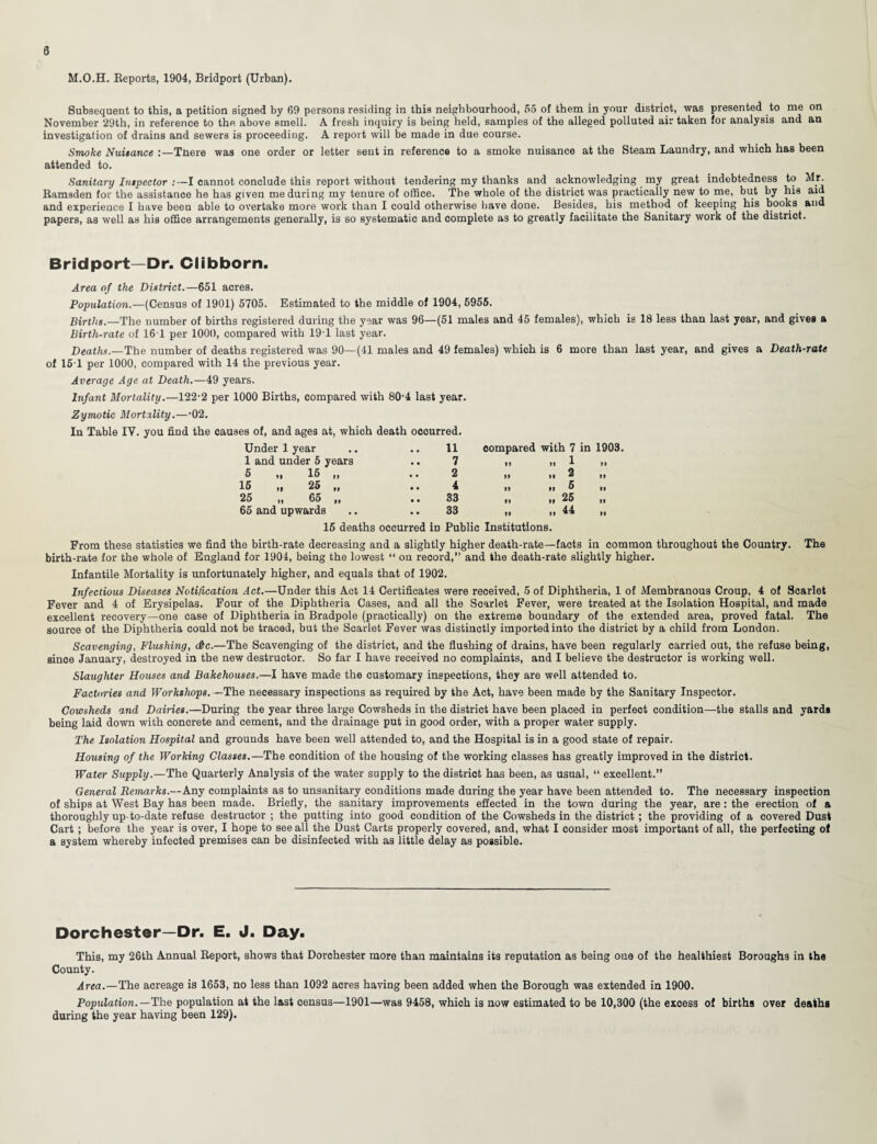 M.O.H. Reports, 1904, Bridport (Urban). Subsequent to this, a petition signed by 69 persons residing in this neighbourhood, 55 of them in your district, was presented to me on November 29th, in reference to the above smell. A fresh inquiry is being held, samples of the alleged polluted air taken for analysis and an investigation of drains and sewers is proceeding. A report will be made in due course. Smoke Nuitance :—Tnere was one order or letter sent in reference to a smoke nuisance at the Steam Laundry, and which has been attended to. Sanitary Inspector :—I cannot conclude this report without tendering my thanks and acknowledging my great indebtedness to Mr. Ramsden for the assistance he has given me during my tenure of office. The whole of the district was practically new to me, but by his aid and experience I have been able to overtake more work than I could otherwise have done. Besides, his method of keeping his books and papers, as well as his office arrangements generally, is so systematic and complete as to greatly facilitate the Sanitary work of the district. Bridport—Dr. Ciibborn. Area of the District.—651 acres. Population.—(Census of 1901) 5705. Estimated to the middle of 1904, 6955. Births.—The number of births registered during the year was 96—(51 males and 45 females), which is 18 less than last year, and gives a Birth-rate of 16 1 per 1000, compared with 19T last year. Deaths.—The number of deaths registered was 90—(41 males and 49 females) which is 6 more than last year, and gives a Death-rate of 151 per 1000, compared with 14 the previous year. Average Age at Death.—49 years. Infant Mortality.—122-2 per 1000 Births, compared with 80-4 last year. Zymotic Mortality.—-02. In Table IV. you find the causes of, and ages at, which death occurred. Under 1 year 11 compared with 7 1 and under 5 years 7 i) >i I 5 „ 16 ,, 2 »* ii 2 15 „ 25 „ 4 ii it 5 25 „ 65 ,, .. 33 n ii 25 65 and upwards 33 „ „ 44 16 deaths occurred in Public Institutions. From these statistics we find the birth-rate decreasing and a slightly higher death-rate—facts in common throughout the Country. The birth-rate for the whole of England for 1904, being the lowest “ ou record,” and the death-rate slightly higher. Infantile Mortality is unfortunately higher, and equals that of 1902. Infectious Diseases Notification Act.—Under this Act 14 Certificates were received, 5 of Diphtheria, 1 of Membranous Croup, 4 of Scarlet Fever and 4 of Erysipelas. Four of the Diphtheria Cases, and all the Scarlet Fever, were treated at the Isolation Hospital, and made excellent recovery—one case of Diphtheria in Bradpole (practically) on the extreme boundary of the extended area, proved fatal. The source of the Diphtheria could not be traced, but the Scarlet Fever was distinctly imported into the district by a child from London. Scavenging, Flushing, <&c.—The Scavenging of the district, and the flushing of drains, have been regularly carried out, the refuse being, since January, destroyed in tbe new destructor. So far I have received no complaints, and I believe the destructor is working well. Slaughter Houses and Bakehouses.—I have made the customary inspections, they are well attended to. Factories and Workshops. —The necessary inspections as required by the Act, have been made by the Sanitary Inspector. Cowsheds and Dairies.—During the year three large Cowsheds in the district have been placed in perfect condition—the stalls and yards being laid down with concrete and cement, and the drainage put in good order, with a proper water supply. The Isolation Hospital and grounds have been well attended to, and the Hospital is in a good state of repair. Housing of the Working Classes.—The condition of the housing of the working classes has greatly improved in the district. Water Supply.—The Quarterly Analysis of the water supply to the district has been, as usual, “ excellent.” General Remarks.—Any complaints as to unsanitary conditions made during the year have been attended to. The necessary inspection of ships at West Bay has been made. Briefly, the sanitary improvements effected in the town during the year, are : the erection of a thoroughly up-to-date refuse destructor ; the putting into good condition of the Cowsheds in the district ; the providing of a covered Dust Cart ; before the year is over, I hope to see all the Dust Carts properly covered, and, what I consider most important of all, the perfecting of a system whereby infected premises can be disinfected with as little delay as possible. Dorchester—Dr. E. J. Day. This, my 26th Annual Report, shows that Dorchester more than maintains its reputation as being one of the healthiest Boroughs in the County. Area.—The acreage is 1653, no less than 1092 acres having been added when the Borough was extended in 1900. Population. —The population at the last census—1901—was 9458, which is now estimated to be 10,300 (the excess of births over deaths during the year having been 129).