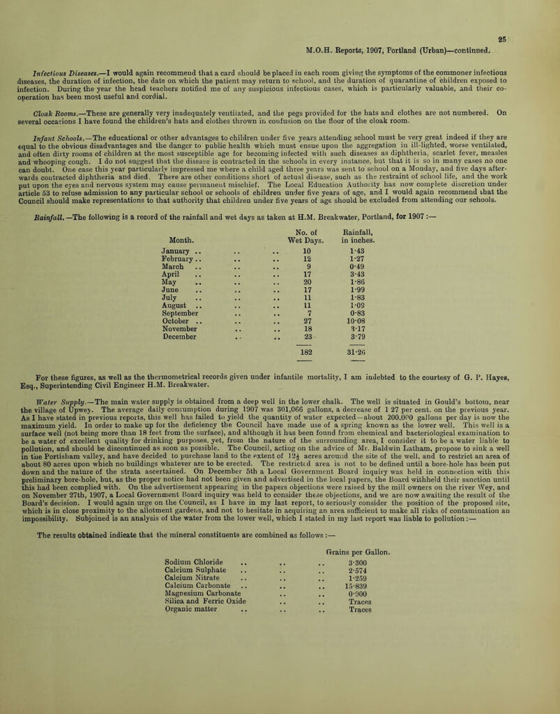 M.O.H. Reports, 1907, Portland (Urban)—continued. Infectious Diseases.—I would again recommend that a card should be placed in each room giviug the symptoms of the commoner infectious diseases, the duration of infection, the date on which the patient may return to school, and the duration of quarantine of children exposed to infection. During the year the head teachers notified me of any suspicious infectious cases, which is particularly valuable, and their co- operation has been most useful and cordial. Cloak Rooms.—These are generally very inadequately ventilated, and the pegs provided for the hats and clothes are not numbered. On several occasions I have found the children’s hats and clothes thrown in confusion on the floor of the cloak room. Infant Schools.—The educational or other advantages to children under five years attending school must be very great indeed if they are equal to the obvious disadvantages and the danger to public health which must ensue upon the aggregation in ill-lighted, worse ventilated, and often dirty rooms of children at the most susceptible age for becoming infected with such diseases as diphtheria, scarlet fever, measles and whooping cough. I do not suggest that the disease is contracted in the schools in every instance, but that it is so in many cases no one can doubt. One case this year particularly impressed me where a child aged three years was sent to school on a Monday, and five days after- wards contracted diphtheria and died. There are other conditions short of actual disease, such as the restraint of school life, and the work put upon the eyes and nervous system may cause permanent mischief. The Local Education Authority has now complete discretion under article 53 to refuse admission to any particular school or schools of children under five years of age, and I would again recommend ihat the Council should make representations to that authority that childreu under five years of age should be excluded from attending our schools. Rainfall. —The following is a record of the rainfall and wet days as taken at H.M. Breakwater, Portland, for 1907 :— No. of Rainfall, Month. Wet Days. in inches. January .. 10 1-43 February .. 12 1-27 March 9 0-49 April 17 3-43 May 20 1-86 June 17 1-99 July 11 1-83 August .. 11 1-09 September 7 0-83 October .. 27 10-08 November 18 3-17 December 23 3-79 182 31-26 For these figures, as well as the thermometrical records given under infantile mortality, I am indebted to the courtesy of G. P. Hayes, Esq., Superintending Civil Engineer H.M. Breakwater. Water Supply.—The main water supply is obtained from a deep well in the lower chalk. The well is situated in Gould’s bottom, near the village of Upwey. The average daily consumption during 1907 was 301,066 gallons, a decrease of 1 27 per cent, on the previous year. As I have stated in previous reports, this well has failed to yield the quantity of water expected—about 200,000 gallons per day is now the maximum yield. In order to make up for the deficiency the Council have made use of a spring known as the lower well. This well is a surface well (not being more than 18 feet, from the surface), and although it has been found from chemical and bacteriological examination to be a water of excellent quality for drinking purposes, yet, from the nature of the surrounding area, I consider it to be a water liable to pollution, and should be discontinued as soon as possible. The Council, actiug on the advice of Mr. Baldwin Latham, propose to sink a well in the Portisham valley, and have decided to purchase land to the extent of 12^ acres around the site of the well, and to restrict an area of about 80 acres upon which no buildings whatever are to be erected. The restricted area is not to be defined until a bore-hole has been put down and the nature of the strata ascertained. On December 5th a Local Government Board inquiry was held in conne.ction with this preliminary bore-hole, but, as the proper notice had not been given and advertised in the local papers, the Board withheld their sanction until this had been complied with. On the advertisement appearing in the papers objections were raised by the mill owners on the river Wey, and on November 27th, 1907, a Local Government Board inquiry was held to consider these objections, and we are now awaiting the result of the Board’s decision. I would again urge on the Council, as I have in my last report, to seriously consider the position of the proposed site, which is in close proximity to the allotment gardens, and not to hesitate in acquiring an area sufficient to make all risks of contamination an impossibility. Subjoined is an analysis of the water from the lower well, which I stated in my last report was liable to pollution :— The results obtained indicate that the mineral constituents are combined as follows :— Grains per Gallon. Sodium Chloride .. ,. .. 3-300 Calcium Sulphate .. .. .. 2-574 Calcium Nitrate .. .. .. 1-259 Calcium Carbonate .. .. .. 15-839 Magnesium Carbonate .. .. 0-900 Silica and Ferric Oxide .. .. Traces Organic matter .. .. .. Traces