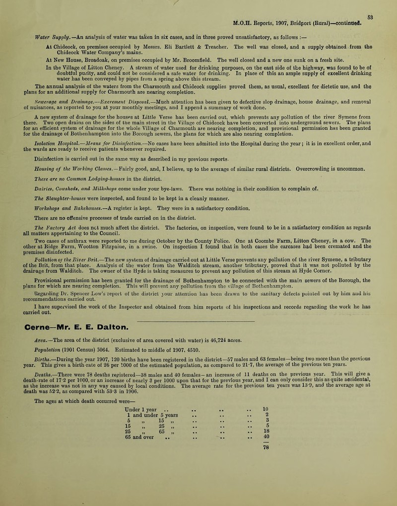 M.O.H. Reports, 1907, Bridport (Rural)—continued. Water Supply.—An analysis of water was taken in six cases, and in three proved unsatisfactory, as follows At Chideock, on premises occupied by Messrs. Eli Bartlett & Treacher. The well was closed, and a supply obtained from the Chideock Water Company’s mains. At New House, Broadoak, on premises occupied by Mr. Broomfield. The well closed and a new one sunk on a fresh site. In the Village of Litton Cheney. A stream of water used for drinking purposes, on the east side of the highway, was found to be of doubtful purity, and could not be considered a safe water for drinking. In place of this an ample supply of excellent drinking water has been conveyed by pipes from a spring above this stream. The annual analysis of the waters from the Charmouth and Chideock supplies proved them, as usual, excellent for dietetic use, and the plans for an additional supply for Charmouth are nearing completion. Sewerage and Drainage.—Excrement Disposal.—Much attention has been given to defective slop drainage, house drainage, and removal of nuisances, as reported to you at your monthly meetings, and I append a summary of work done. A new system of drainage for the houses at Little Verse has been carried out, which prevents any pollution of the river Symene from there. Two open drains on the sides of tire main street in the Village of Chideock have been converted into underground sewers. The plans for an efficient system of drainage for the whole Village of Charmouth are nearing completion, and provisional permission has been granted for the drainage of Botbenhampton into the Borough sewers, the plans for which are also nearing completion. Isolation Hospital.—Means for Disinfection.—No cases have been admitted into the Hospital during the year; it is in excellent order, and the wards are ready to receive patients whenever required. Disinfection is carried out in the same way as described in my previous reports. Housing of the Working Classes.—Fairly good, and, I believe, up to the average of similar rural districts. Overcrowding is uncommon. There are no Common Lodging-houses in the district. Dairies, Cowsheds, and Milhshops come under your bye-laws. There was nothing in their condition to complain of. The Slaughter-houses were inspected, and found to be kept in a cleanly manner. Workshops and Bakehouses.—A register is kept. They were in a satisfactory condition. There are no offensive processes of trade carried on in the district. The Factory Act does net much affect the district. The factories, on inspection, were found to be in a satisfactory condition as regards all matters appertaining to the Council. Two cases of anthrax were reported to me during October by the County Police. One at Coombe Farm, Litton Cheney, in a cow. The other at Ridge Farm, Wootton Fitzpaine, in a swine. On inspection I found that in both cases the carcases had been cremated and the premises disinfected. Pollution oj the River Brit.—The new system of drainage carried out at Little Verse prevents any pollution of the river Symene, a tributary of the Brit, from that place. Analysis of the water from the Walditch stream, another tributary, proved that it was not polluted by the drainage from Walditch. The owner of the Hyde is taking measures to prevent any pollution of this stream at Hyde Corner. Provisional permission has been granted for the drainage of Bothenhampton to be connected with the main sewers of the Borough, the plans for which are nearing completion. This will prevent any pollution from the village of Bothenhampton. Regarding Dr. Speucer Low’s report of the district jour attention has been drawn to the sanitary defects pointed out by him aud his recommendations carried out. I have supervised the work of the Inspector and obtained from him reports of his inspections and records regarding the work he has carried out. Cerne—Mr. E. E. Dalton. Area.—The area of the district (exclusive of area covered with water) is 46,721 acres. Population (1901 Census) 5064. Estimated to middle of 1907, 4510. Births.—During the year 1907, 120 births have been registered in the district—57 males and 63 females—being two more than the previous year. This gives a birth-rate of 26 per 1000 of the estimated population, as compared to 21-7, the average of the previous ten years. Deaths.—There were 78 deaths registered—38 males and 40 females—an increase of 11 deaths on the previous year. This will give a death-rate of 17 2 per 1000, or an increase of nearly 3 per 1000 upon that for the previous year, and I can only consider this as quite accidental, as the increase was not in any way caused by local conditions. The average rate for the previous ten years was 13-9, and the average age at death was 52 2, as compared with 53-3 in 1906. The ages at which death occurred were— Under 1 year . . 10 1 and under 5 years 2 5 ,, 15 ,, 3 15 „ 25 „ 5 25 ,, 65 ,, 18 65 and over . 40 78