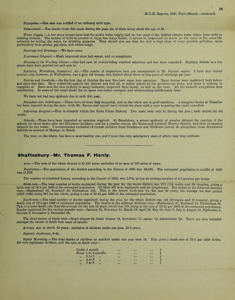 M.O.H. Reports, 1907, Poole (Rural)—continued. Erysipelas.—One case was notified of an ordinary mild type. Tuberculosis.—Ten deaths from this cause during the year, six of them being about the age of 25. Water Supply.—A few more houses have had the public water supply laid on, but most of the district obtains water either from wells or running streams. The system of wells at present in vogue has many faults ; it cannot be impressed too much on the users of the same the necessity for boiling the water for drinking purposes. They should also see that the well is kept clear of every possible pollution, more particularly from privies, pig-styes, and refuse heaps. Sewerage and Drainage.—We have none. Excrement Disposal.—Much improved since last report, and no complaints. Housing of the Working Classes.—One bad case of overcrowding received attention and has been remedied. Sanitary defects in a few places have been pointed out and seen to. Factories, Workshops, Laundries, die.—The results of inspections here are incorporated in Mr. Barnes’ report. I have also visited several; one, however, at Wallisdown, was a poor old woman who knitted about three or four pairs of stockings per year. Dairies and Coivsheds.—On the first day of October the new Bye-laws came into operation. Many dairies were registered both before and since this date. Have visited throughout the district and find all, or rather nearly all the premises are clean, and there is nothing to complain of. Have seen the men milking in many instances, inspected their hands, as well as the cows. All the utensils everywhere were satisfactory. In some of the small sheds the air space was rather cramped, and whitewashing indifferently done. We have not had any epidemic due to milk this year. Slaughter and Bakehouses.—These have all been duly inspected, and on the whole are in good condition. A slaughter-house at Waterloo has been reported during the year ; both Mr. Barnes and myself have visited the place with a view to getting the smell remedied. Infectious Hospital.—This is situated within the Poole Urban District. Two cases were sent in during the year; each stayed for six weeks. Schools.—These have been inspected as occasion required. At Broadstone, a severe epidemic of measles delayed the opening of the schools for three weeks after the Christmas holidays; and for a similar reason, the Upton and Lytchett Minster Schools had their re-opening- delayed for two weeks. I recommended exclusion of certain children from Creekmoor and Hillborne (about 40 altogether) from Broadstone Schools on account of Mumps, in March. The year, on the whole, has been a most healthy one, and I trust this very satisfactory state of affairs may long continue. Shaftesbury—Mr. Thomas F. Hanly. Area.—The area of the whole district is 41,105 acres, exclusive of an area of 239 acres of water. Population.—The population of the district according to the Census of 1901 was 10,928. The estimated population to middle of 1907 was 11,258. The number of inhabited houses, according to the Census of 1901, was 2,594, giving an average number of 4-2 persons per house. Birth-rate.—The total number of births registered during the year for the whole district was 213 (114 males and 99 females), giving a birth-rate of 18-9 per 1000 of the estimated population. Of these 207 were legitimate and six illegitimate. The births in the different districts were—Shaftesbury 32, Fontmell 48, Gillingham 133. This is the lowest birth-rate for the last 10 years, the average for that period (1897-1906) being 237 for the whole, giving a rate of 21-04 per 1000 of the estimated population. Death-rate.—The total number of deaths registered during the year for the whole district was 141 (68 males and 73 females), giving a death-rate of 12-5 per 1000 of estimated population. The deaths in the different districts were—Shaftesbury 37, Fontmell 19, Gillingham 85. This is a lower death-rate than the average for the last 10 years, which was 147, being at the rate of 13-22 per 1000 of the estimated population. Deaths registered for the various months were—January 21, February 14, March 18, April 23, May 10, June 7, July 8, August 11, September 5, October 8, November 6, December 10. The chief causes of death were—Heart disease 24, brain disease 21, bronchitis 17, cancer 10, tuberculosis 10. There are also included amongst the causes of death four cases of suicide. Average Age at death, 62 years; exclusive of children under one year, 58-5 years. Zymotic death-rate, 0-44. Infant Mortality .—The total deaths of children as certified under one year were 16. This gives a death-rate of 75-1 per 1000 births. All were legitimate children, and the ages at death were— Under 1 month .. .. .. .. 9 From 1 to 2 months .. .. .. 1 „ 2 to 3 „ .. .. .. I ,, 4 to 5 ,, .. .. .. 4 „ 7 to 8 „ .. .. .. 1