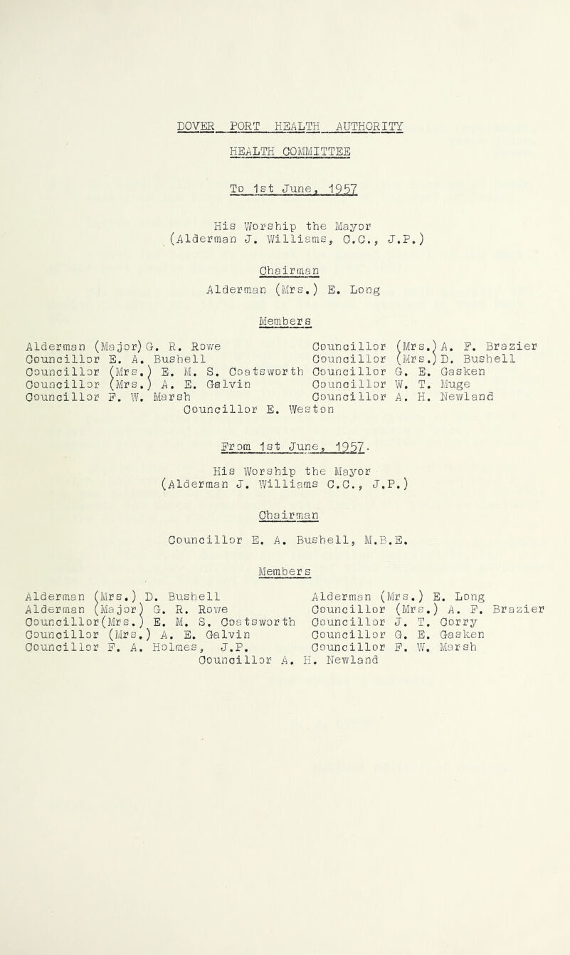 HEALTH COMMITTEE To 1st June, 1957 His Worship the Mayor (Alderman J, V/illiamSy 0.0. j J.P.) Chairman Alderman (Mrs.) E. Long Members Alderman (Major) G. R. Rowe Oouncillor (Mrs, Oouncillor S. A, Bushell Oouncillor (Mrs. Oouncillor (Mrs.) E. M. S. Coatsworth Oouncillor G, E, Oouncillor (Mrs.) A. E. Galvin Oouncillor Y\l, T. Oouncillor F. W. Marsh Councillor A. H. Oouncillor E. Weston From 1st June, 1957• His Vi/orship the Mayor (Alderman J. Williams 0.0., J.P.) Ohairm^an Oouncillor E. A, Bushellj M.B.S. Members Alderman (Mrs.) D. Bushell Alderman (Major) G. R. Rowe Oouncillor (Mr s.) E. M. S. Ooatsv/orth Oouncillor (Mrs.) A. E. Galvin Oouncillor F. A. Holmes^ J.P. Councillor A, Alderman (Mrs,) Councillor (Mrs, Oouncillor J. T. Oouncillor G, E. Councillor F. W, H. Nevifland A. F, Brazier D. Bushell Gasken Muge Newland E. Long ) A. F. Brazier Oorry Gasken Marsh