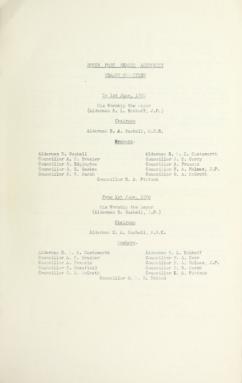 O C5 o o Alderman D. ouncillor , ouncillor ouncillor ouncillor Alderman E„ Councillor Councillor Councillor Councillor HEALTH COi'HITTEE Zp 1st June, i960 His yil'orship the hayor (Alderman R. L. Eckhoff^ J.P.) Chairman Alderman E. A. Bushell, M.B.E. Members. Bushe11 A. F. Brazier K. Edgington &<, E. Oasken Marsh Councillor E, A Alderman E. V-.. S. Coatsworth Councillor J. T. Corry Councillor A, Francis Councillor F. A. Holmes^ J.P Councillor G-. A. McG-rath Pittock From 1st June, I96O His Worship the Mayor (A-lderman D. Bushell, J.P,) Chairman Alderman S. A. Bushellj U.B.E. Members. Alderman R. L, Eckhoff Councillor H. A. Carr Councillor F. A. Holmes^ J.P Councillor F. W. Marsh Councillor E. A. Pittock . B. Toland M. S. Coatsworth A. F. Brazier A. Francis R. Horsfield G, A. McGrath Councillor G.