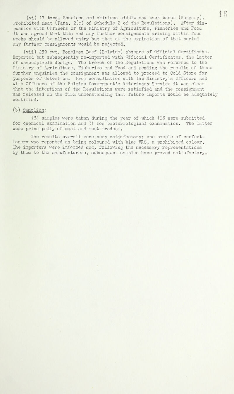 Prohibited meat (Para. 2(c) of Schedule 2 of the Regulations). After dis- cussion with Officers of the Ministry of Agriculture, Fisheries and Food it was agreed that this and any further consignments arising within four weeks should be alloitfed entry but that at the expiration of that period any further consignments would be rejected. (vii) 259 cwt. Boneless Beef (Belgium) absence of Official Certificate. Exported but subsequently re-imported with Official Certificates, the latter of unacceptable design. The breach of the Regulations was referred to the Ministry of Agriculture, Fisheries and Food and pending the results of these further enquiries the consignment was allowed to proceed to Cold Store for purposes of detention. From consultation with the Ministry's Officers and with Officers of the Belgian Government's Veterinary Service it was clear that the intentions of the Regulations were satisfied and the consignment was released on the firm understanding that future imports would be adequatel certified. 134 samples were taken during the year of which 103 were submitted for chemical examination and 31 for bacteriological examination. The latter were principally of meat and meat product. The results overall were very satisfactory; one sample of confect- ionery was reported as being coloured with blue VRS, a prohibited colour. The importers were informed and, following the necessary representations by them to the manufacturers, subsequent samples have proved satisfactory.