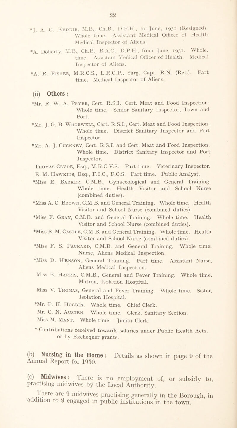 *J. A. G. .Keddie, M.B., Ch.B., D.P.H., to June, 1931 (Resigned). Whole time. Assistant Medical Officer of Health Medical Inspector of Aliens. *A. Doherty. M.B., Ch.B., B.A.O., D.P.H., from June, 1931. Whole. time. Assistant Medical Officer of Health. Medical Inspector of Aliens. *A. R. Fisher, M.R.C.S., L.R.C.P., Surg. Capt. R.N. (Ret.). Part time. Medical Inspector of Aliens. (ii) Others: *Mr. R. W. A. Pryer, Cert. R.S.I., Cert. Meat and Food Inspection. Whole time. Senior Sanitary Inspector, Town and Port, *Mr. J. G. B. Whorwell, Cert. R.S.I., Cert. Meat and Food Inspection. Whole time. District Sanitary Inspector and Port Inspector. *Mr. A. J. CuCKNEY, Cert. R.S.I. and Cert. Meat and Food Inspection. Whole time. District Sanitary Inspector and Port Inspector. Thomas Clyde, Esq., M.R.C.V.S. Part time. Veterinary Inspector, E. M. Hawkins, Esq., F.I.C., F.C.S. Part time. Public Analyst. *Miss E, Barker, C.M.B., Gynaecological and General Training. Whole time. Health Visitor and School Nurse (combined duties). *Miss A. C. Brown, C.M.B, and General Training. Whole time. Health Visitor and School Nurse (combined duties). *Miss F. Gray, C.M.B. and General Training. Whole time. Health Visitor and School Nurse (combined duties). *Miss E, M. Castle, C.M.B. and General Training. Whole time. Health Visitor and School Nurse (combined duties). *Miss F. S. Packard, C.M.B. and General Training. Whole time. Nurse, Aliens Medical Inspection. *Miss D. Henson, General Training. Part time. Assistant Nurse, Aliens Medical Inspection. Miss E. Harris, C.M.B., General and Fever Training. Whole time. Matron, Isolation Hospital. Miss V. Thomas, General and Fever Training. Whole time. Sister, Isolation Hospital. *Mr. P. K. Hogbin. Whole time. Chief Clerk. Mr. C. N. Austen. Whole time. Clerk, Sanitary Section. Miss M. Mant. Whole time. Junior Clerk. * Contributions received towards salaries under Public Health Acts, or by Exchequer grants. (b) Nursing in the Home: Details as shown in page 9 of the Annual Report for 1930. (c) Midwives: There is no employment of, or subsidy to, practising midwives by the Local Authority. There are 9 midwives practising generally in the Borough, in addition to 9 engaged in public institutions in the town.