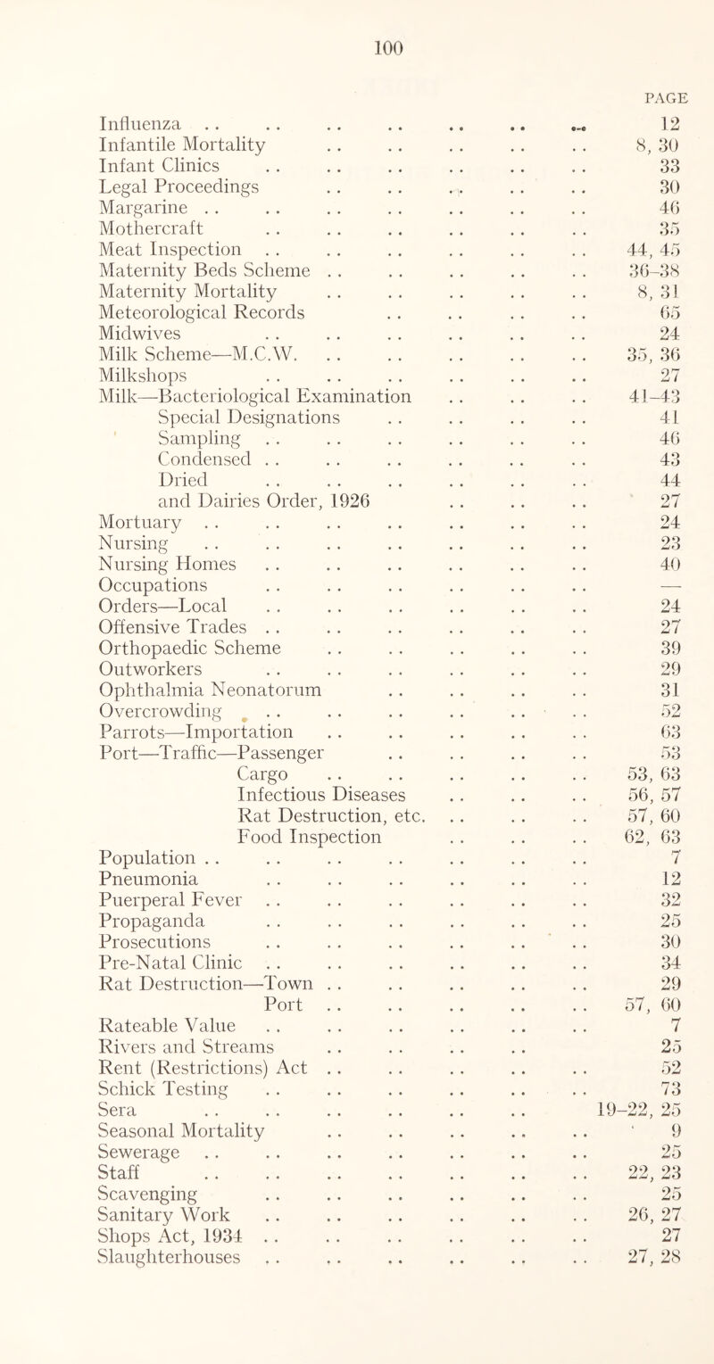 Influenza Infantile Mortality Infant Clinics Legal Proceedings Margarine . . Mothercraft Meat Inspection Maternity Beds Scheme Maternity Mortality Meteorological Records Midwives Milk Scheme—M.C.W. Milkshops Milk—Bacteriological Examination Special Designations ' Sampling Condensed Dried and Dairies Order, 1926 Mortuary . . Nursing Nursing Homes Occupations Orders—Local Offensive Trades . . Orthopaedic Scheme Outworkers Ophthalmia Neonatorum Overcrowding ^ . . Parrots—Importation Port—T raffle—Passenger Cargo Infectious Diseases Rat Destruction, etc. Food Inspection Population .. Pneumonia Puerperal Fever Propaganda Prosecutions Pre-Natal Clinic Rat Destruction—Town Port Rateable Value Rivers and Streams Rent (Restrictions) Act Schick Testing Sera Seasonal Mortality Sewerage Staff Scavenging Sanitary Work Shops Act, 1934 .. Slaughterhouses PAGE 12 cS, 30 33 30 46 35 44, 45 36-38 8, 31 65 24 35, 36 27 41-43 41 46 43 44 27 24 23 40 24 27 39 29 31 52 63 53 53, 63 56, 57 57, 60 62, 63 7 12 25 30 34 29 57, 60 7 25 52 73 19-22, 25 9 25 22, 23 25 26, 27 27 27, 28