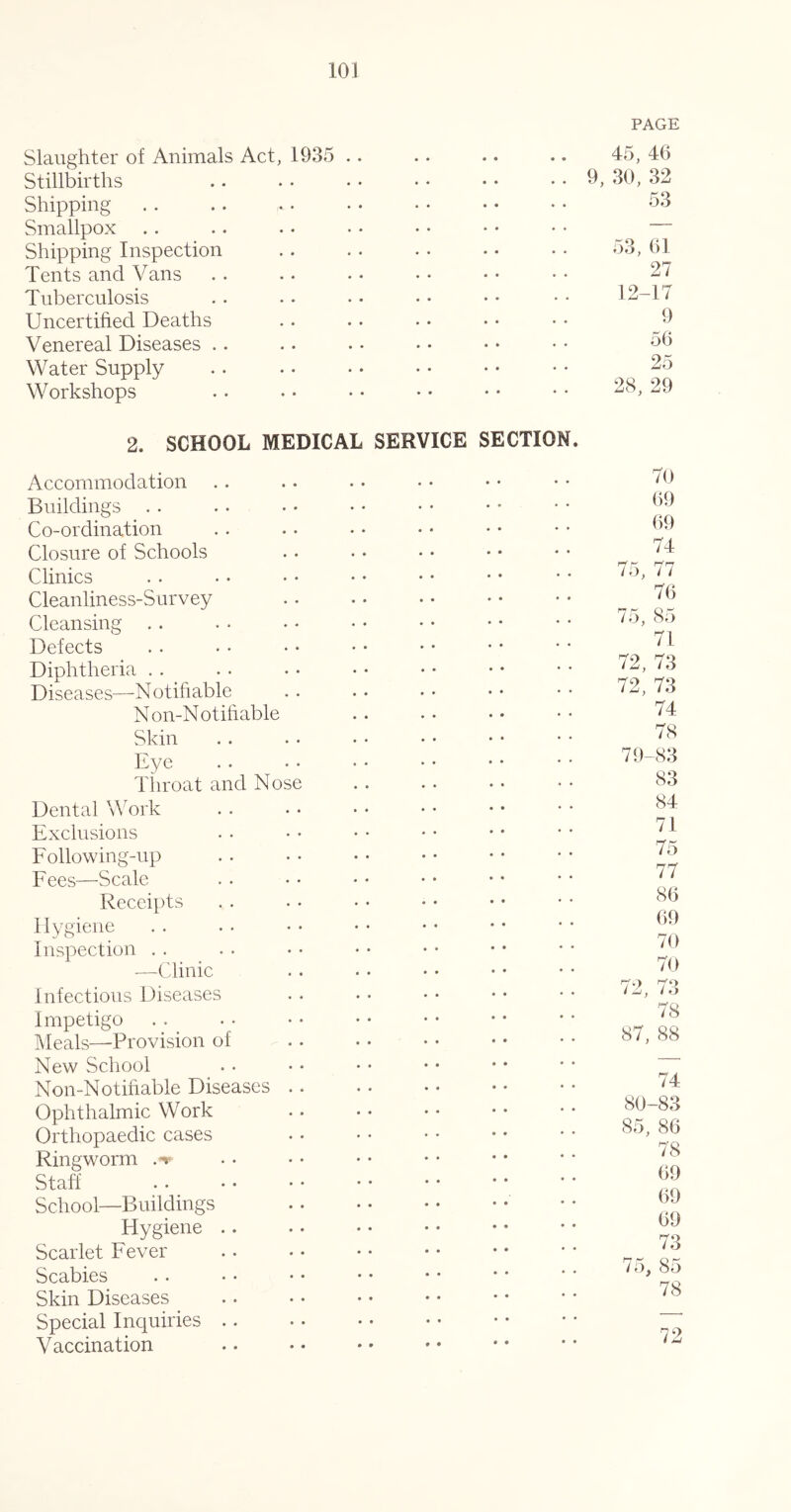 PAGE Slaughter of Animals Act, 1935 . Stillbirths Shipping Smallpox Shipping Inspection Tents and Vans Tuberculosis Uncertified Deaths Venereal Diseases .. Water Supply Workshops 45, 46 9, 30, 32 53 53, 61 27 12-17 9 56 25 28, 29 2. SCHOOL MEDICAL SERVICE SECTION. Accommodation Buildings . . Co-ordination Closure of Schools Clinics Cleanliness-Survey Cleansing .. Defects Diphtheria . . Diseases—Notifiable Non-Notihable Skin Eye Tliroat and Nose Dental WArk Exclusions Following-up Fees—Scale Receipts Hygiene Inspection . . —Clinic Infectious Diseases Impetigo Ideals—Provision of New School Non-Notihable Diseases Ophthalmic Work Orthopaedic cases Ringworm .-v Staff School—Buildings Hygiene .. Scarlet Fever Scabies Skin Diseases Special Inquiries .. Vaccination 70 69 69 74 75, 77 76 75, 85 71 72, 73 72, 73 74 78 79- 83 83 84 71 75 77 86 69 70 70 72, 73 78 87, 88 74 80- 83 85, 86 78 69 69 69 73 75, 85 78 72