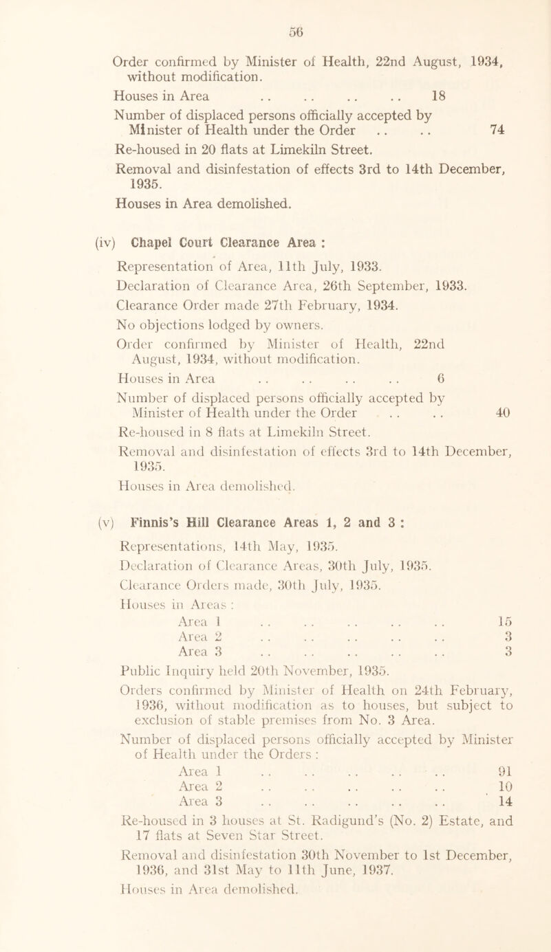 Order confirmed by Minister of Health, 22nd August, 1934, without modification. Houses in Area .. .. .. .. 18 Number of displaced persons officially accepted by Minister of Health under the Order .. .. 74 Re-housed in 20 flats at Limekiln Street. Removal and disinfestation of effects 3rd to 14th December, 1935. Houses in Area demolished. (iv) Chapei Court Clearance Area : Representation of Area, 11th July, 1933. Declaration of Clearance Area, 26th September, 1933. Clearance Order made 27th February, 1934. No objections lodged by owners. Order confirmed by Minister of Health, 22nd August, 1934, without modification. Houses in Area . . . . . . . . 6 Number of displaced persons officially accepted by Minister of Health under the Order . . . . 40 Re-housed in 8 flats at Limekiln Street. Removal and disinfestation of effects 3rd to 14th December, 1935. Houses in Area demolished. (v) Finnish Hill Clearance Areas 1, 2 and 3 : Representations, 14th May, 1935. Declaration of Clearance Areas, 30th July, 1935. Clearance Orders made, 30th July, 1935. Houses in Areas : Area 1 .. .. .. .. .. 15 Area 2 .. .. . . . . . . 3 Area 3 .. .. . . . . . . 3 Public Inquiry held 20th November, 1935. Orders confirmed by Minister of Health on 24th February, 1936, without modification as to houses, but subject to exclusion of stable premises from No. 3 Area. Number of displaced persons officially accepted by Minister of Health under the Orders : Area .1 .. . . . . .. . . 91 Area 2 .. .. . . . . . . 10 Area 3 .. .. . . . . . . 14 Re-housed in 3 houses at St. Radigund’s (No. 2) Estate, and 17 flats at Seven Star Street. Removal and disinfestation 30th November to 1st December, 1936, and 31st May to 11th June, 1937. Houses in Area demolished.