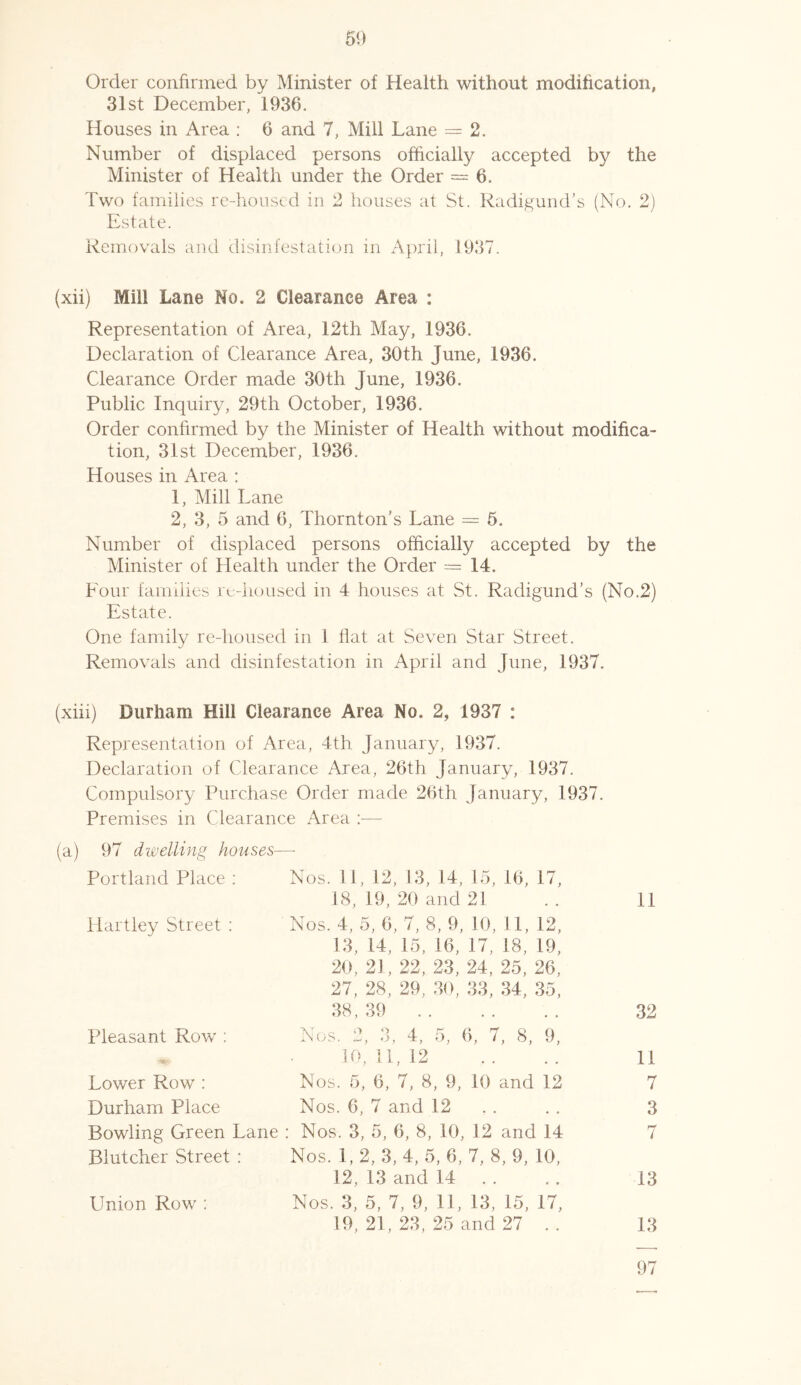 Order confirmed by Minister of Health without modification, 31st December, 1936. Houses in Area : 6 and 7, Mill Lane = 2. Number of displaced persons officially accepted by the Minister of Health under the Order = 6. Two families re-housed in 2 houses at St. Radigund’s (No. 2) Estate. Removals and disinfestation in April, 1937. (xii) Mill Lane No. 2 Clearance Area : Representation of Area, 12th May, 1936. Declaration of Clearance Area, 30th June, 1936. Clearance Order made 30th June, 1936. Public Inquiry, 29th October, 1936. Order confirmed by the Minister of Health without modifica- tion, 31st December, 1936. Houses in Area : 1, Mill Lane 2, 3, 5 and 6, Thornton’s Lane — 5. Number of displaced persons officially accepted by the Minister of Health under the Order = 14. Four families re-housed in 4 houses at St. Radigund’s (No.2) Estate. One family re-housed in 1 flat at Seven Star Street. Removals and disinfestation in April and June, 1937. (xiii) Durham Hill Clearance Area No. 2, 1937 : Representation of Area, 4th January, 1937. Declaration of Clearance Area, 26th January, 1937. Compulsory Purchase Order made 26th January, 1937. Premises in Clearance Area :— (a) 97 dwelling houses— Portland Place : Nos. 11, 12, 13, 14, 15, 16, 17, 18, 19, 20 and 21 .. 11 Hartley Street : Nos. 4, 5, 6, 7, 8, 9, 10, 11, 12, 13, 14, 15, 16, 17, 18, 19, 20, 21, 22, 23, 24, 25, 26, 27, 28, 29, 30, 33, 34, 35, 38, 39 32 Pleasant Row : Nos. 2, 3, 4, 5, 6, 7, 8, 9, • 10,11,12 .. .. 11 Lower Row : Nos. 5, 6, 7, 8, 9, 10 and 12 7 Durham Place Nos. 6, 7 and 12 . . 3 Bowling Green Lane : Nos. 3, 5, 6, 8, 10, 12 and 14 7 Blutcher Street : Nos. 1,2, 3, 4, 5, 6, 7, 8, 9, 10, 12, 13 and 14 .. 13 Union Row : Nos. 3, 5, 7, 9, 11, 13, 15, 17, 19, 21, 23, 25 and 27 .. 13 97