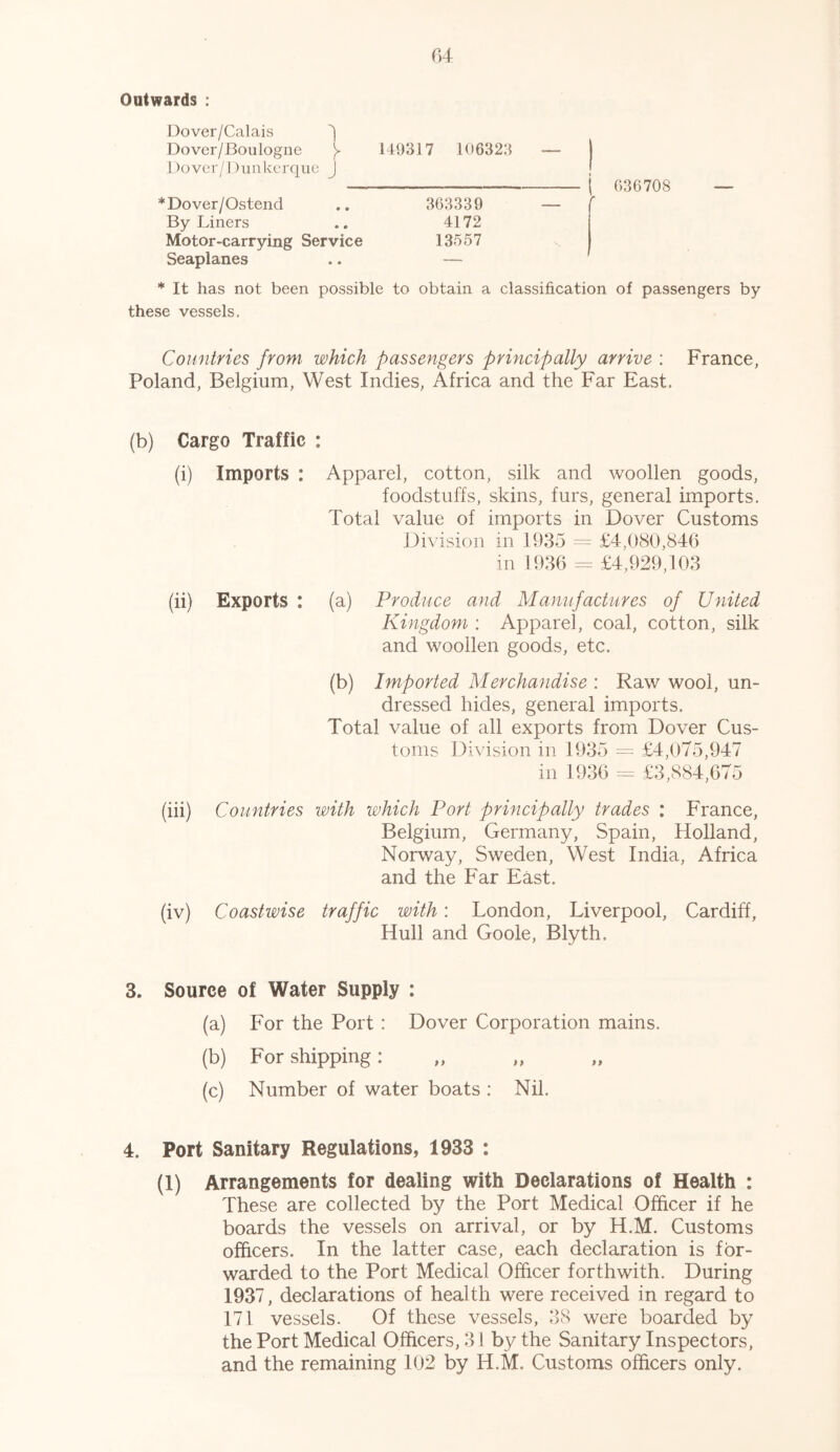 Outwards : Dover/Calais ^ Dover/Boulogne y L49317 106323 -— I Dover/Dunkerque J j 636708 — *Dover/Ostend 363339 — r By Liners .. 4172 Motor-carrying Service 13557 Seaplanes .. — * It has not been possible to obtain a classification of passengers by these vessels. Countries from which passengers principally arrive : France, Poland, Belgium, West Indies, Africa and the Far East. (b) Cargo Traffic : (i) Imports : Apparel, cotton, silk and woollen goods, foodstuffs, skins, furs, general imports. Total value of imports in Dover Customs Division in 1935 = £4,080,846 in 1936 = £4,929,103 (ii) Exports : (a) Produce and Manufactures of United Kingdom : Apparel, coal, cotton, silk and woollen goods, etc. (b) Imported Merchandise : Raw wool, un- dressed hides, general imports. Total value of all exports from Dover Cus- toms Division in 1935 = £4,075,947 in 1936 = £3,884,675 (iii) Countries with which Port principally trades : France, Belgium, Germany, Spain, Holland, Norway, Sweden, West India, Africa and the Far East. (iv) Coastwise traffic with: London, Liverpool, Cardiff, Hull and Goole, Blyth. 3. Source of Water Supply : (a) For the Port : Dover Corporation mains. (b) For shipping : (c) Number of water boats : Nil. 4. Port Sanitary Regulations, 1933 : (1) Arrangements for dealing with Declarations of Health : These are collected by the Port Medical Officer if he boards the vessels on arrival, or by H.M. Customs officers. In the latter case, each declaration is for- warded to the Port Medical Officer forthwith. During 1937, declarations of health were received in regard to 171 vessels. Of these vessels, 38 were boarded by the Port Medical Officers, 31 by the Sanitary Inspectors, and the remaining 102 by H.M. Customs officers only.