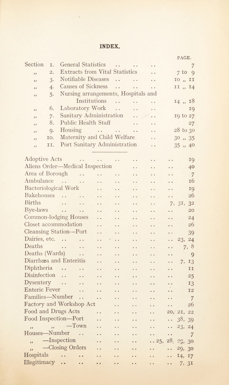 INDEX PAGE. Section i General Statistics ,, 2. Extracts from Vital Statistics 7 to 9 ,, 3. Notifiable Diseases 10 „ II ,, 4. Causes of Sickness Tt- H H H • • „ 5. Nursing arrangements, Hospitals and Institutions co H •s ''3- H • • ,, 6. Laboratory Work IQ ,, 7. Sanitary Administration 19 to 27 ,, 8. Public Health Staff 27 ,, 9. Housing 28 to 30 ,, 10. Maternity and Child Welfare 30 „ 35 ,, 11. Port Sanitary Administration 35 » 40 Adoptive Acts 19 Aliens Order—Medical Inspection 40 Area of Borough 7 Ambulance 16 Bacteriological Work 19 Bakehouses 26 Births 7, 3D 32 Bye-laws 20 Common-lodging Houses 24 Closet accommodation 26 Cleansing Station—Port 39 Dairies, etc. .. 23, 24 Deaths 7, 8 Deaths (Wards) 9 Diarrhoea and Enteritis •• 7. 13 Diphtheria 11 Disinfection .. Dysentery 13 Enteric Fever 12 Families—Number .. 7 Factory and Workshop Act 26 Food and Drugs Acts 20, 21, 22 Food Inspection—Port • • 38,39 „ „ —Town •• 23, 24 Houses—Number 7 „ —Inspection .. 25,28.29,30 „ —Closing Orders .. 29, 30 Hospitals .. 14, 17 Illegitimacy .. • • 7.31 7