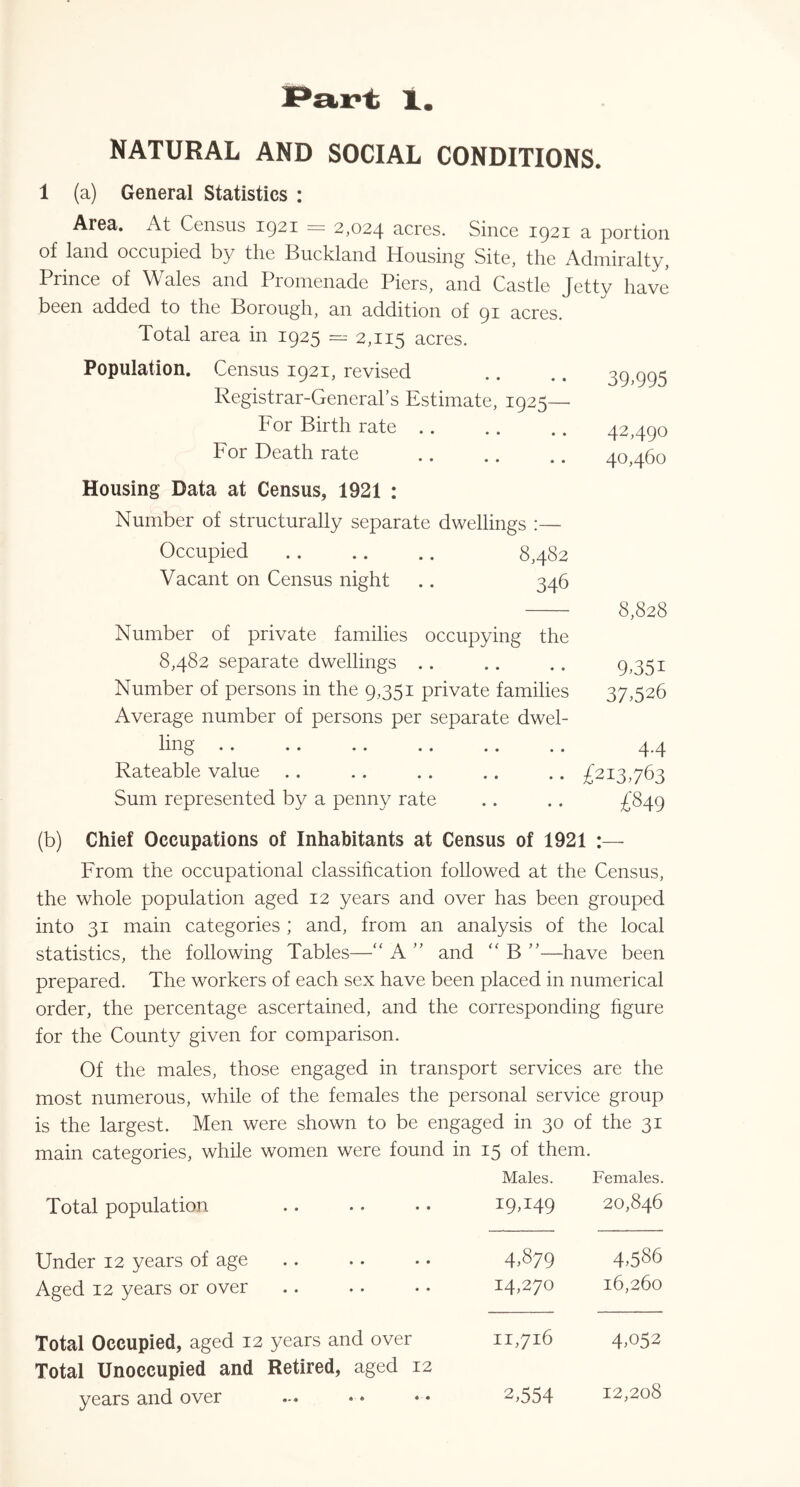 1 NATURAL AND SOCIAL CONDITIONS. 1 (a) General Statistics : Area. At Census 1921 = 2,024 acres. Since 1921 a portion of land, occupied by the Buckland Housing Site, the Admiralty, Prince of Wales and Promenade Piers, and Castle Jetty have been added to the Borough, an addition of 91 acres. Total area in 1925 = 2,115 acres. Population. Census 1921, revised Registrar-General’s Estimate, 1925— For Birth rate .. For Death rate 39>995 42,490 40,460 Housing Data at Census, 1921 : Number of structurally separate dwellings :— Occupied 8,482 Vacant on Census night .. 346 8,828 Number of private families occupying the 8,482 separate dwellings .. .. .. 9,351 Number of persons in the 9,351 private families 37,526 Average number of persons per separate dwel- ling . . . . .. . . .. . . Rateable value .. .. .. .. .. £213,763 Sum represented by a penny rate .. .. £849 (b) Chief Occupations of Inhabitants at Census of 1921 :— From the occupational classihcation followed at the Census, the whole population aged 12 years and over has been grouped into 31 main categories ; and, from an analysis of the local statistics, the following Tables—'' A ” and ‘‘ B ”—have been prepared. The workers of each sex have been placed in numerical order, the percentage ascertained, and the corresponding hgure for the County given for comparison. Of the males, those engaged in transport services are the most numerous, while of the females the personal service group is the largest. Men were shown to be engaged in 30 of the 31 main categories, while women were found in 15 of them. Males. Females. Total population 19,149 20,846 Under 12 years of age 4.879 4.586 Aged 12 years or over 14,270 16,260 Total Occupied, aged 12 years and over 11,716 4.052 Total Unoccupied and Retired, aged 12 years and over 2,554 12,208