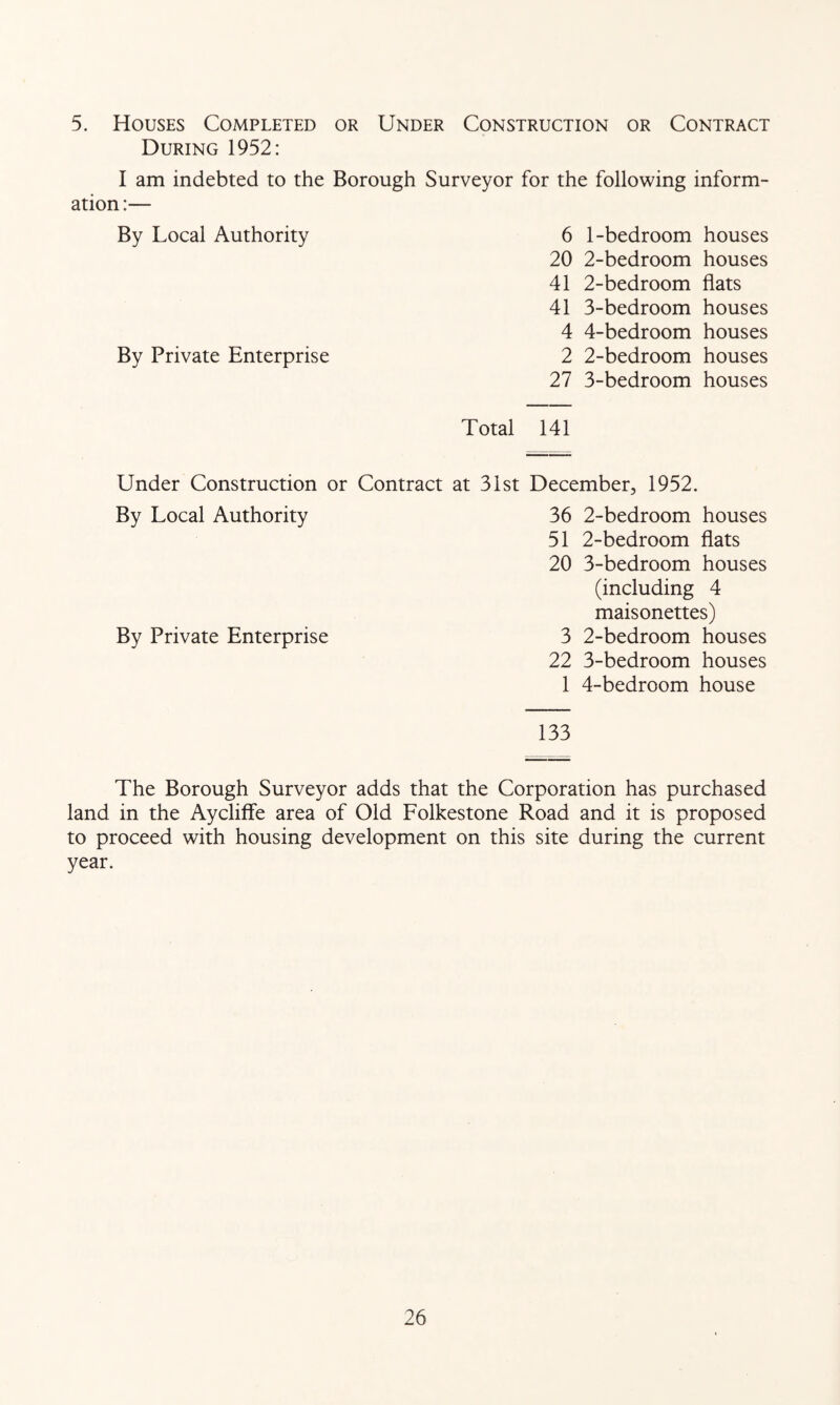 5. Houses Completed or Under Construction or Contract During 1952: I am indebted to the Borough Surveyor for the following inform- ation :— By Local Authority 6 20 41 41 4 By Private Enterprise 2 27 Total 141 Contract at 31st December, 1952. 36 2-bedroom houses 51 2-bedroom flats 20 3-bedroom houses (including 4 maisonettes) 3 2-bedroom houses 22 3-bedroom houses 1 4-bedroom house 133 The Borough Surveyor adds that the Corporation has purchased land in the Aycliffe area of Old Folkestone Road and it is proposed to proceed with housing development on this site during the current year. Under Construction or By Local Authority By Private Enterprise 1- bedroom houses 2- bedroom houses 2- bedroom flats 3- bedroom houses 4- bedroom houses 2- bedroom houses 3- bedroom houses