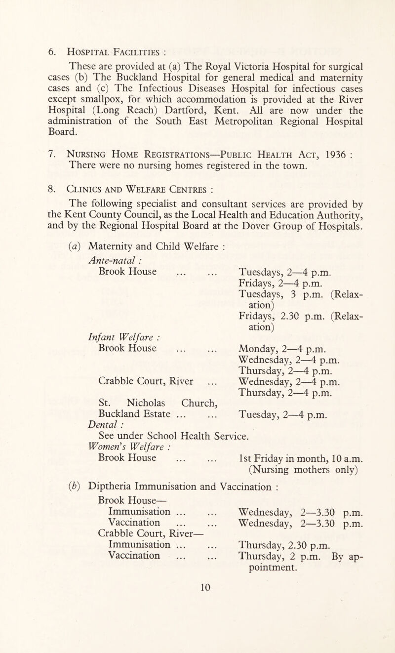 6. Hospital Facilities : These are provided at (a) The Royal Victoria Hospital for surgical cases (b) The Buckland Hospital for general medical and maternity cases and (c) The Infectious Diseases Hospital for infectious cases except smallpox, for which accommodation is provided at the River Hospital (Long Reach) Hartford, Kent. All are now under the administration of the South East Metropolitan Regional Hospital Board. 7. Nursing Home Registrations—Public Health Act, 1936 : There were no nursing homes registered in the town. 8. Clinics and Welfare Centres : The following specialist and consultant services are provided by the Kent County Council, as the Local Health and Education Authority, and by the Regional Hospital Board at the Dover Group of Hospitals. Maternity and Child Welfare : Ante-natal : Brook House Infant Welfare : Brook House Crabble Court, River St. Nicholas Church, Buckland Estate Dental: See under School Health 5 Women's Welfare : Brook House Tuesdays, 2—4 p.m. Fridays, 2—4 p.m. Tuesdays, 3 p.m. (Relax- ation) Fridays, 2.30 p.m. (Relax- ation) Monday, 2—4 p.m. Wednesday, 2—4 p.m. Thursday, 2—4 p.m. Wednesday, 2—4 p.m. Thursday, 2—4 p.m. Tuesday, 2—4 p.m. 1st Friday in month, 10 a.m. (Nursing mothers only) (b) Diptheria Immunisation and Vaccination : Brook House— Immunisation ... Vaccination Crabble Court, River— Immunisation ... Vaccination Wednesday, 2—3.30 p.m. Wednesday, 2—3.30 p.m. Thursday, 2.30 p.m. Thursday, 2 p.m. By ap- pointment.
