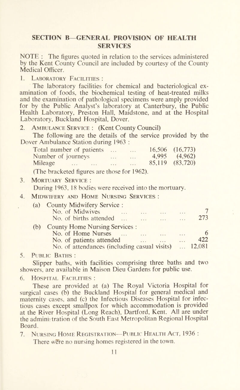 SECTION B—GENERAL PROVISION OF HEALTH SERVICES NOTE : The figures quoted in relation to the services administered by the Kent County Council are included by courtesy of the County Medical Officer. 1. Laboratory Facilities : The laboratory facilities for chemical and bacteriological ex- amination of foods, the biochemical testing of heat-treated milks and the examination of pathological specimens were amply provided for by the Public Analyst’s laboratory at Canterbury, the Public Health Laboratory, Preston Hall, Maidstone, and at the Hospital Laboratory, Buckland Hospital, Dover. 2. Ambulance Service : (Kent County Council) The following are the details of the service provided by the Dover Ambulance Station during 1963 : Total number of patients ... ... 16,506 (16,773) Number of journeys ... ... 4,995 (4,962) Mileage 85,119 (83,720) (The bracketed figures are those for 1962). 3. Mortuary Service : During 1963, 18 bodies were received into the mortuary. 4. Midwifery and Home Nursing Services : (a) County Midwifery Service : No. of Midwives 7 No. of births attended ... 273 (b) County Home Nursing Services : No. of Home Nurses 6 No. of patients attended 422 No. of attendances (including casual visits) ... 12,081 5. Public Baths : Slipper baths, with facilities comprising three baths and two showers, are available in Maison Dieu Gardens for public use. 6. Hospital Facilities : These are provided at (a) The Royal Victoria Hospital for surgical cases (b) the Buckland Hospital for general medical and maternity cases, and (c) the Infectious Diseases Hospital for infec- tious cases except smallpox for which accommodation is provided at the River Hospital (Long Reach), Dartford, Kent. All are under the administration of the South Fast Metropolitan Regional Hospital Board. 7. Nursing Home Registration—Public Health Act, 1936 : There w^re no nursing homes registered in the town.